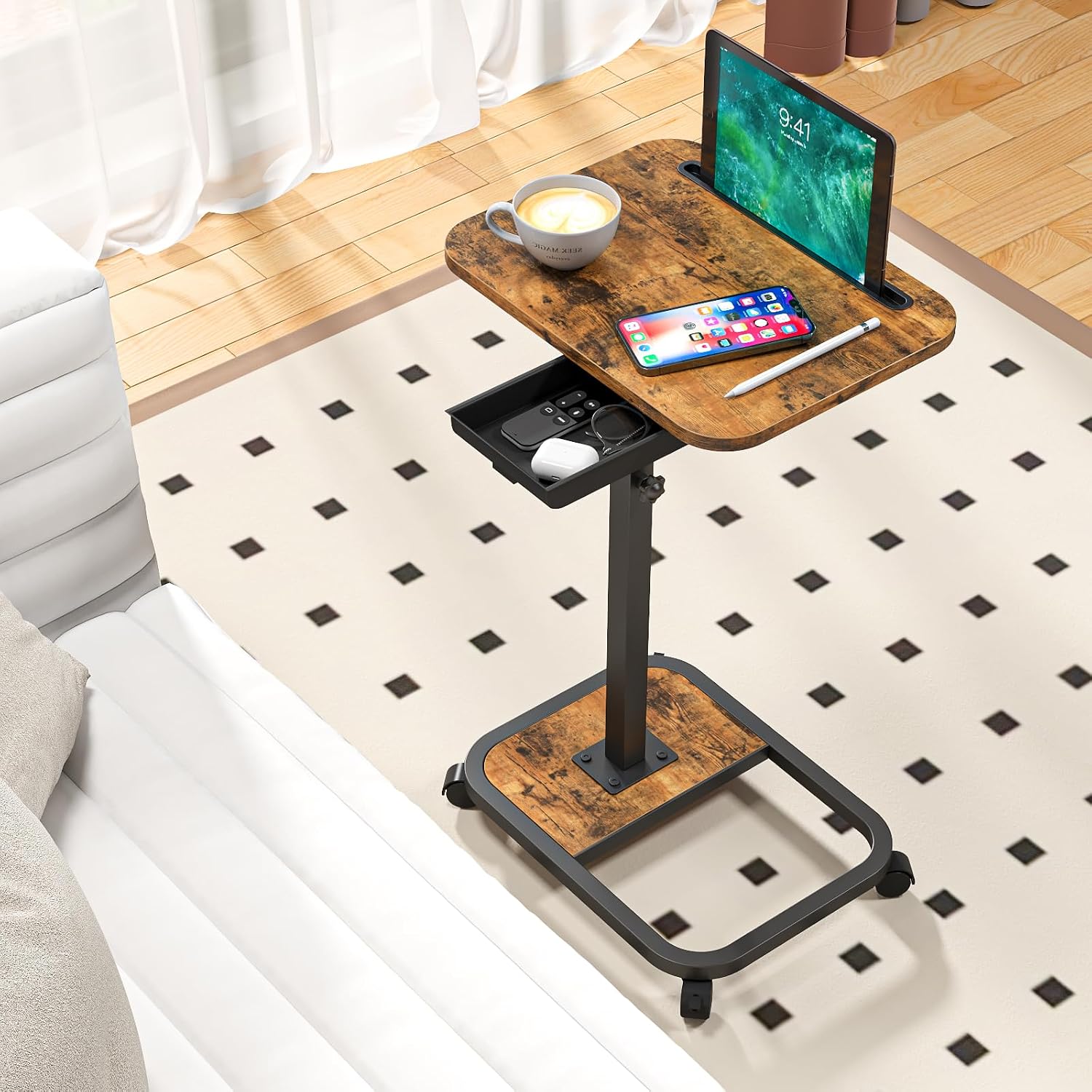 Adjustable Height TV Tray Table with Drawer, 360° Swivel C Shaped End Table, Rolling Couch Desk with Wheels, Side Tables for Living Room and Bedroom, Bed (Brown)