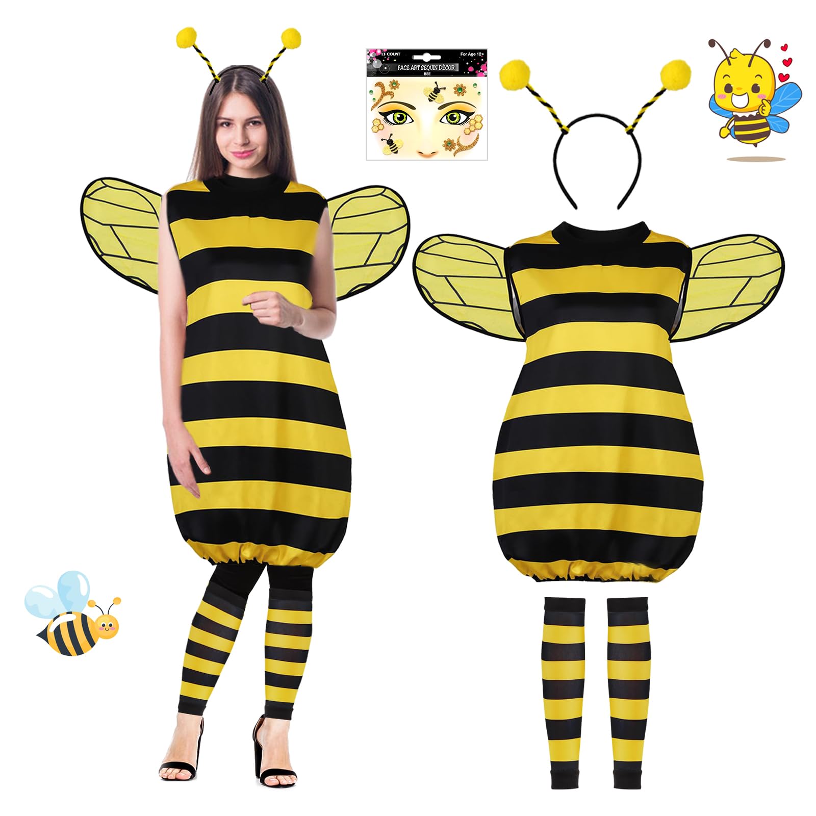 Disfraz de abeja para adulto, 4 piezas, disfraz de abeja de carnaval para adultos, disfraz de carnaval con alas, mangas de piernas y diadema, para carnaval, fiesta, cosplay