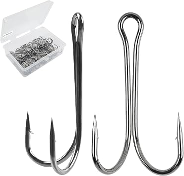 OROOTL Double Fishing Hooks, 50pcs Classic Frog Hooks High Carbon Steel Double Hook Fishing Barbed Open Shank for Saltwater Freshwater