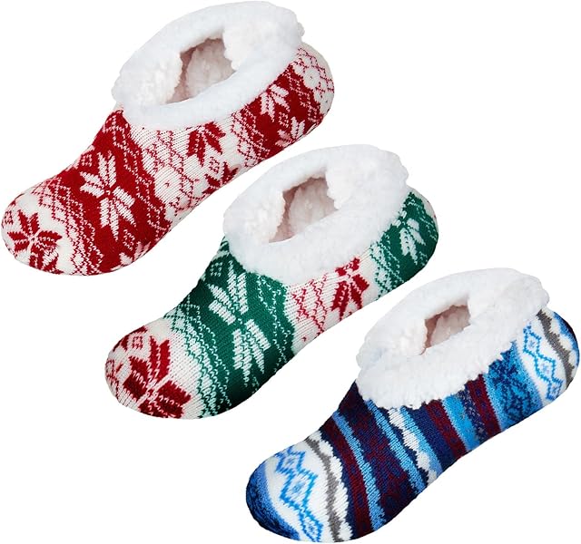 SATINIOR 3 Pairs Thick Knitted Slipper Socks Women Winter Non Slip Thermal Fluffy Socks Soft Warm Cosy Bed Socks for Ladies Christmas Floor Home Sleeping House