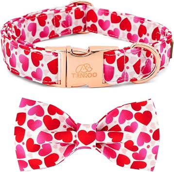 Tunkoo Valentines Day Dog Collar with Bow Tie - Adjustable and Adorable Pet Collar - Red Hearts with Rose Gold Buckle for Large Medium Small Dog Walking, S