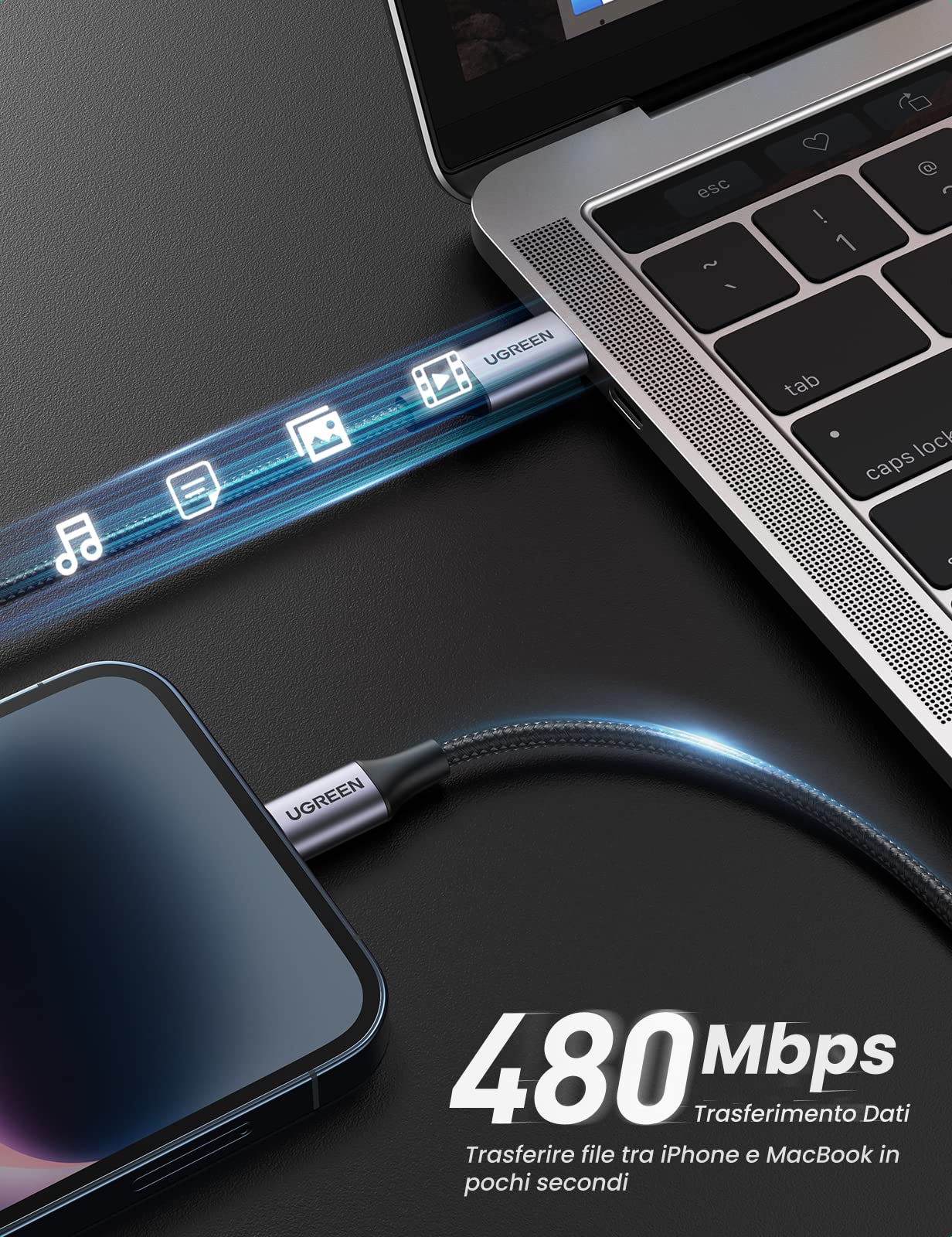 UGREEN Cavo USB C a Lightning, [MFi Certificato] Cavo Type-C Lightning Ricarica Rapida PD 18W Compatibile con iPhone 14/13/12/11/PRO Max/Max XS/XS Max/XR/SE 2022, iPad PRO 2019/2018 (1m, Nero)