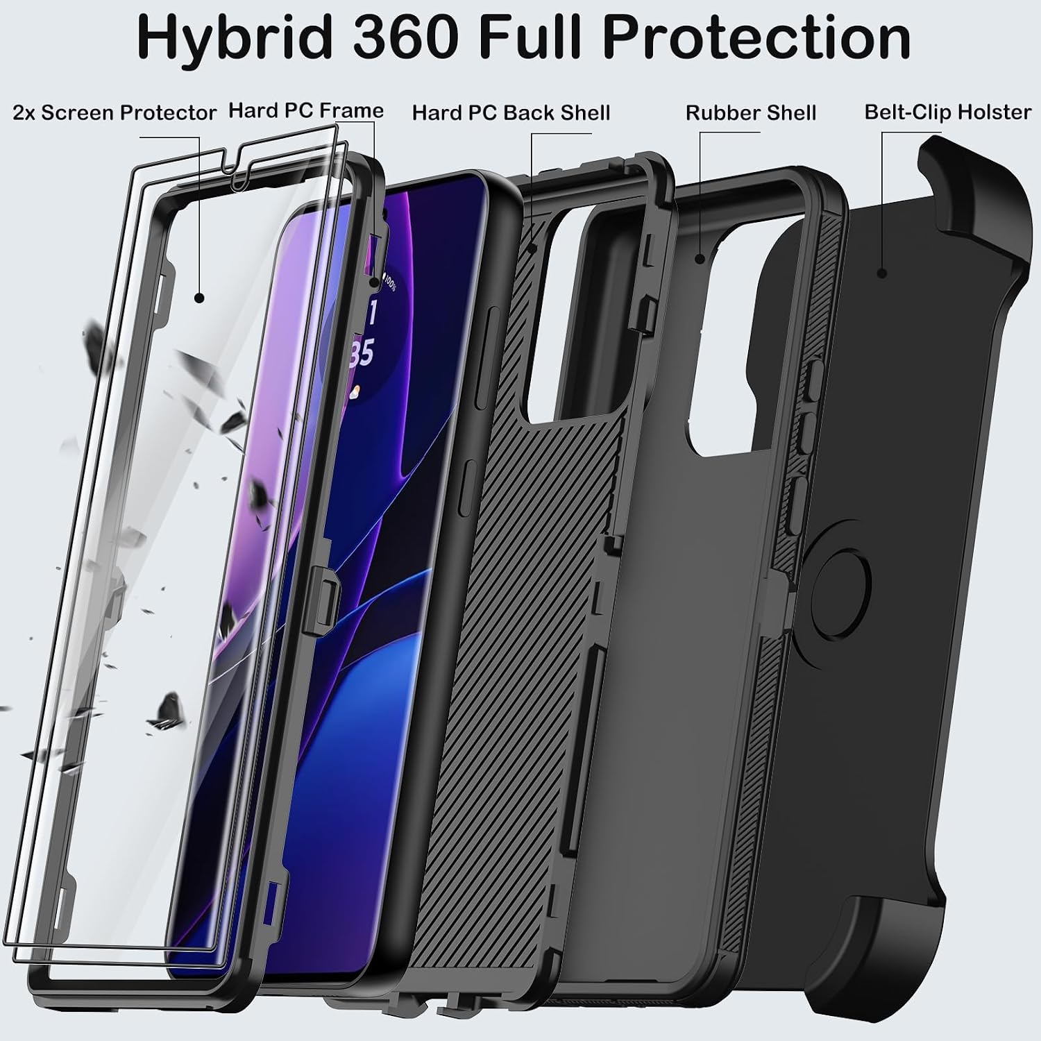 for Motorola Edge 2023 Case with Belt Clip Holster,2X Screen Protector Moto Edge 40 Case,Heavy Duty Drop Protection Military Grade Shockproof Protective Phone Cover with Kickstand (Black)