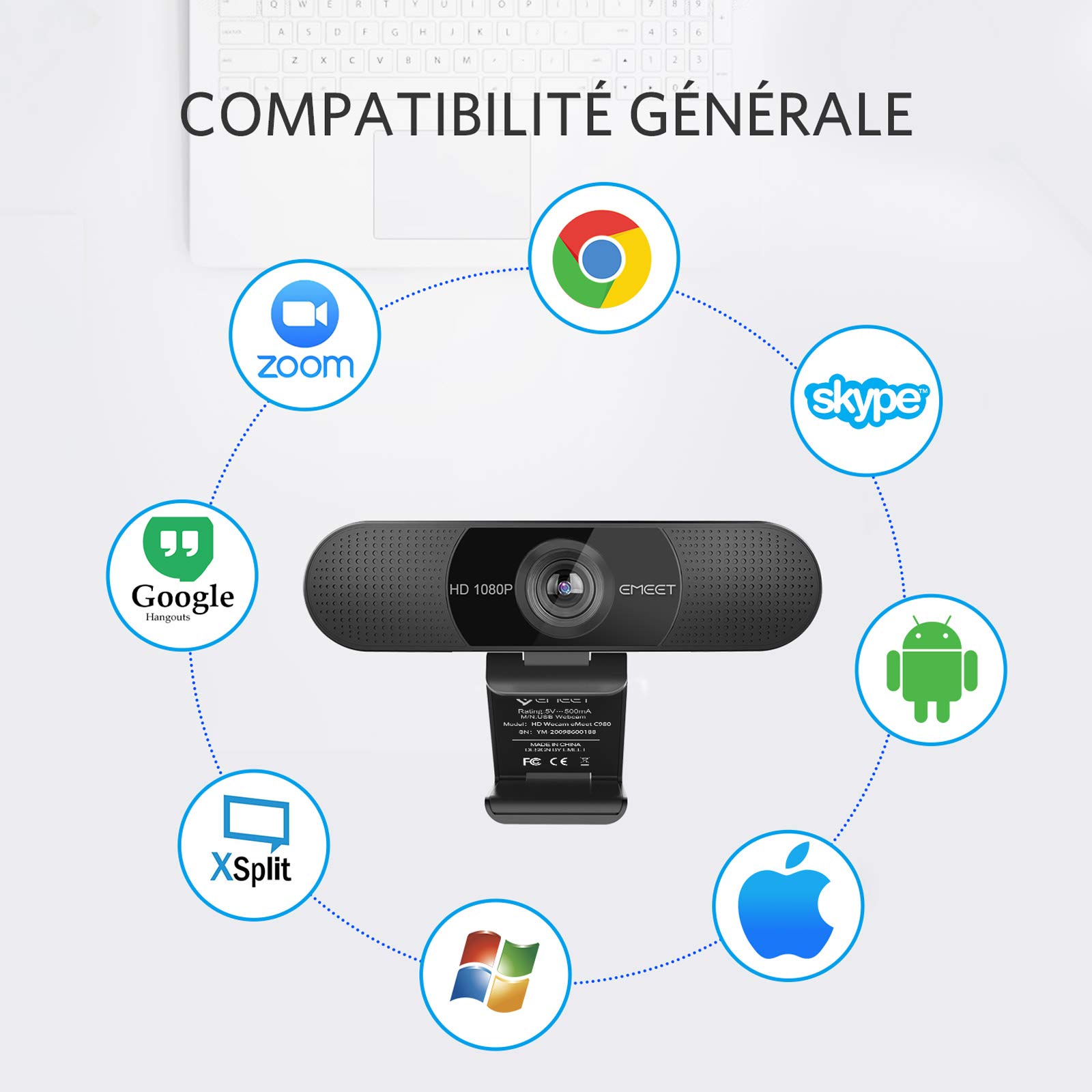 eMeet Webcam 1080P- Webcam C960 Full HD avec Double Microphone, Paramètres réglables, Grand Angle 90 ° avec Correction Automatique, Plug & Play, caméra de Streaming pour Linux, Win10, Mac, Youtube