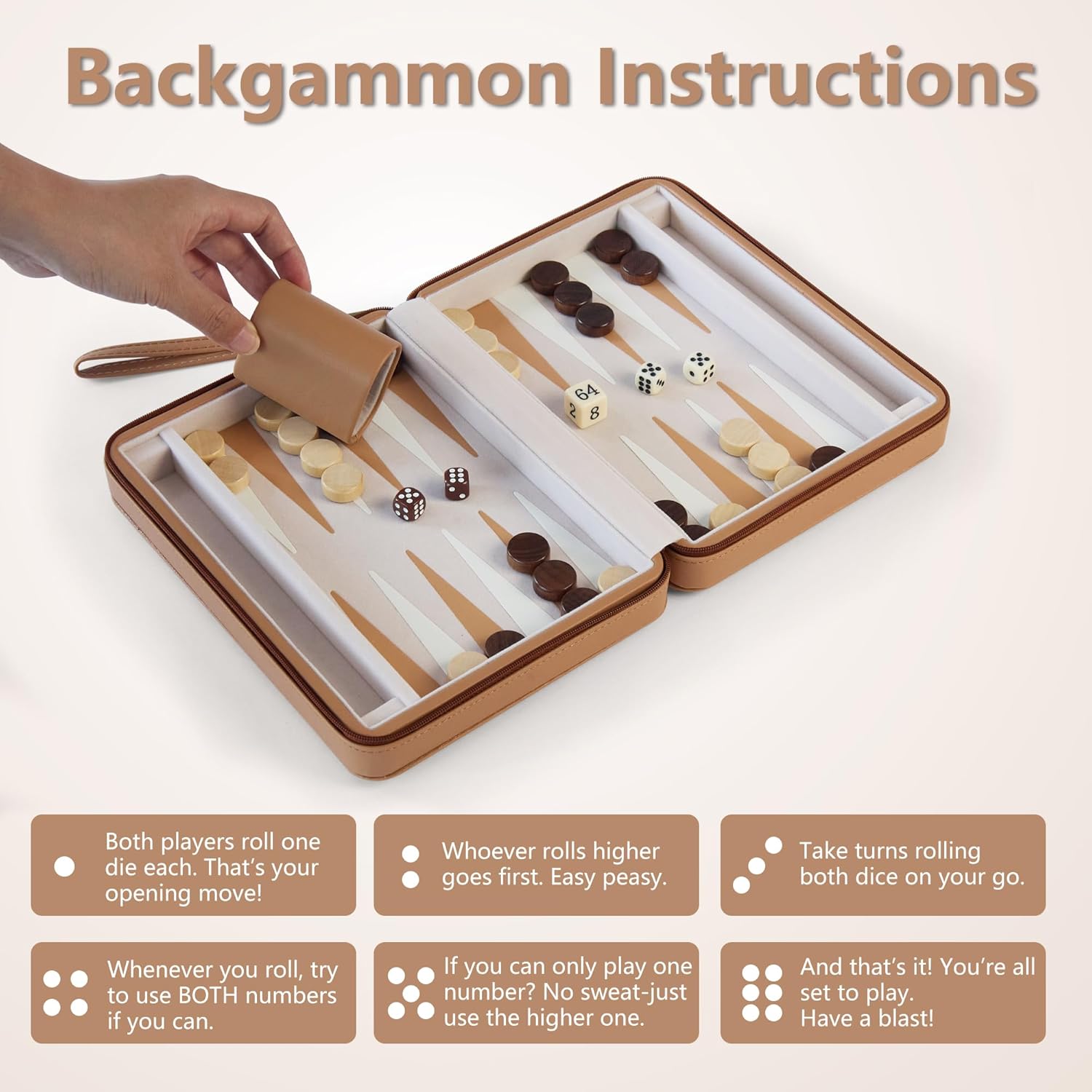 Magnetic Travel Backgammon Set, Portable PU Leather Backgammon Board Game, 9 Inch Classic Strategy Game for Adult Teens, Folding Backgammon Board with 32 Wooden Pieces and 5 Dices, Khaki