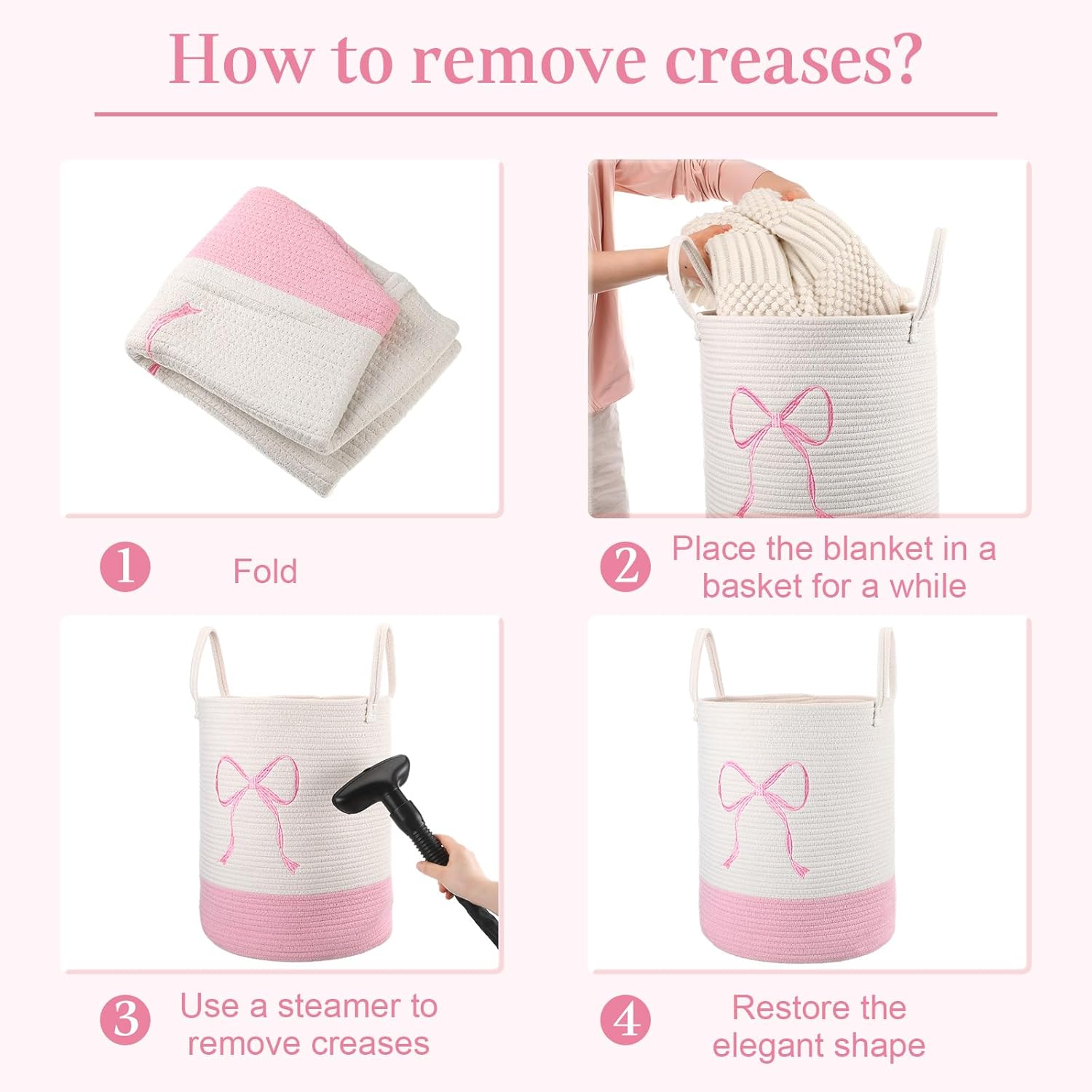 Honeydak Pink Laundry Basket Bow Hamper Coquette Laundry Basket Cotton Rope Pink Hamper 15 x 17.7 Inches Toy Box Large Coquette Bow Teens Girls Room Storage for Blanket Toys Clothes Organization - Image 6