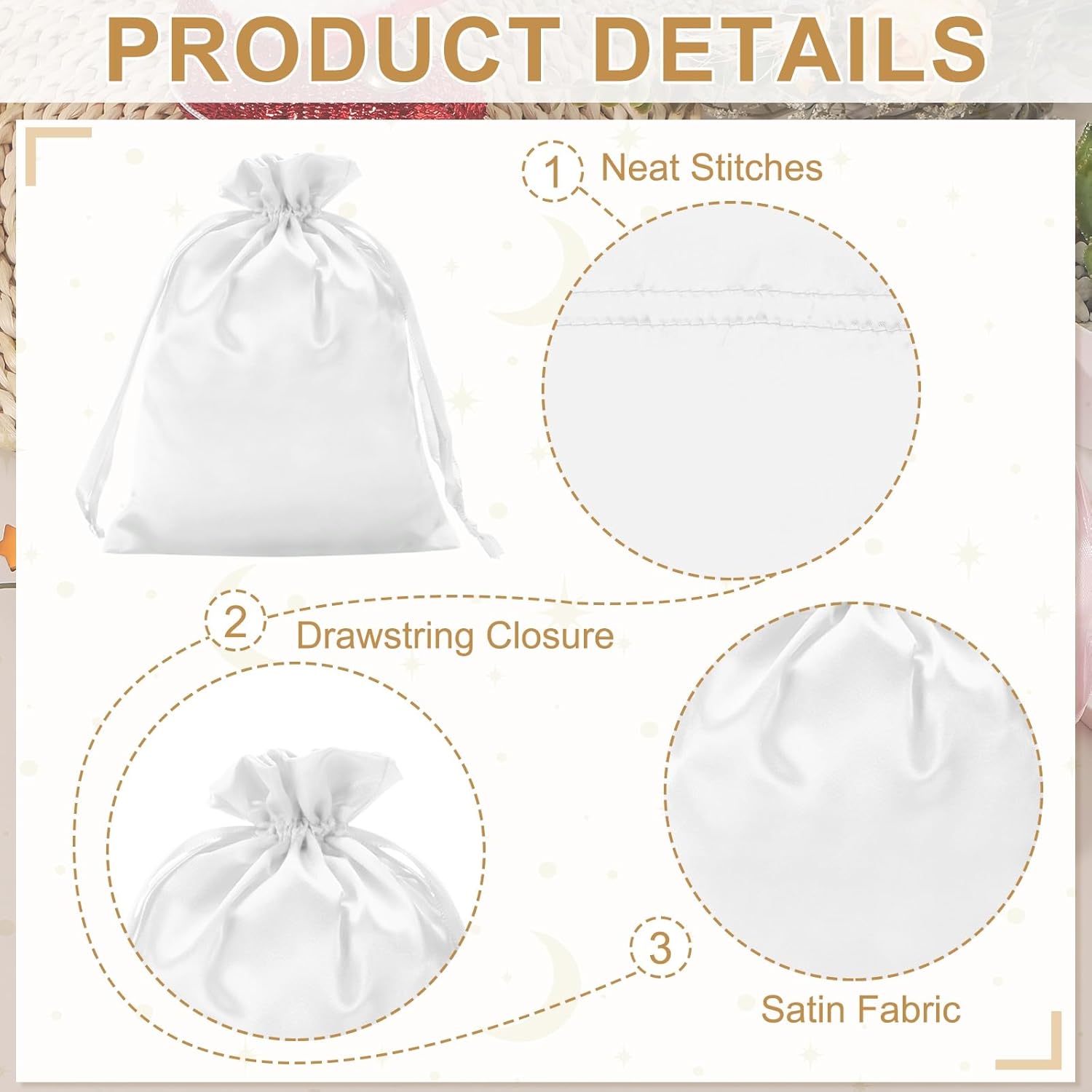 PATIKIL 6 x 8 Inch Satin Bags with Drawstring, 3 Pcs Silk Drawstring Gift Bags Wedding Favor Pouch for Jewelry Candy Christmas Party Graduation Birthday Easter, White - Image 3