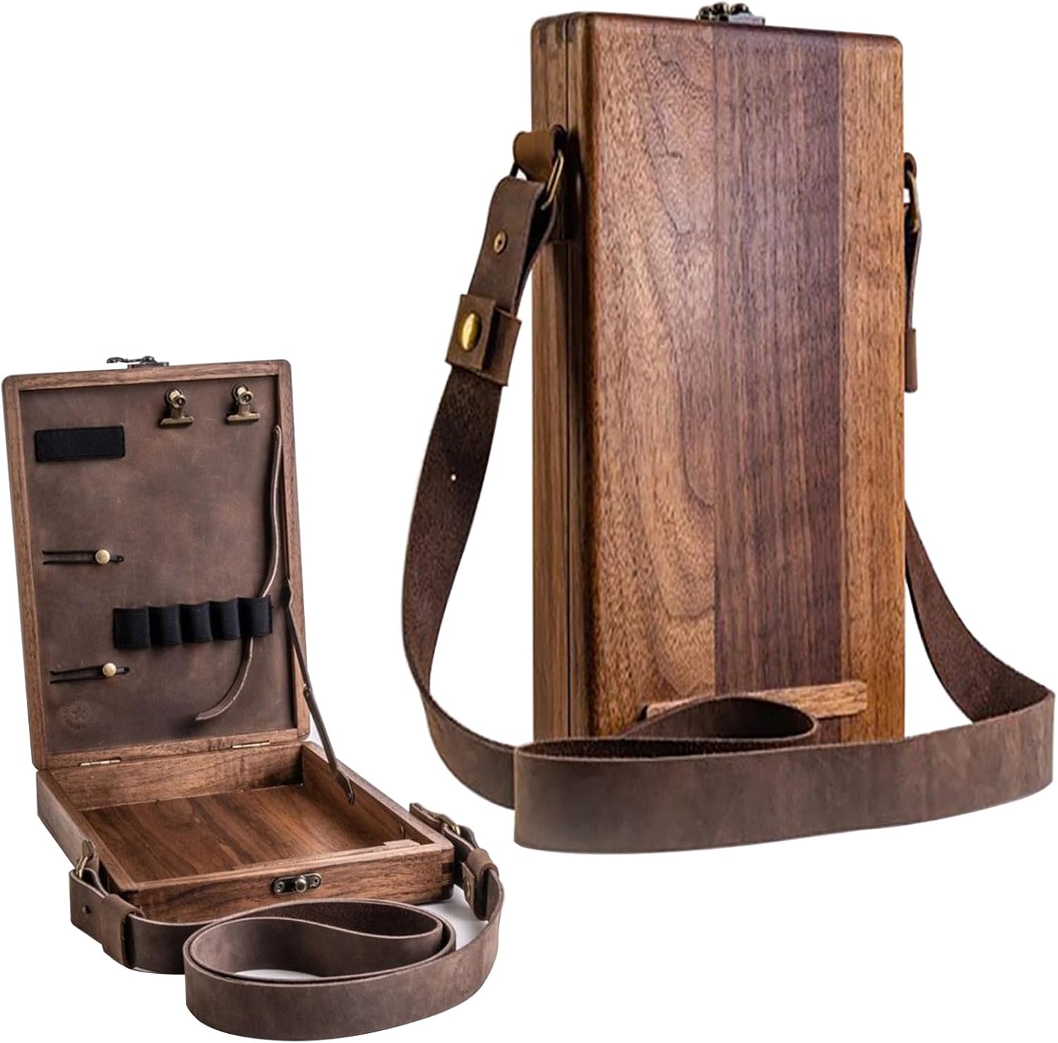 NICENEEDED Writers Messenger Wood Box, Multi-Function Artist Tool and Brush Storage Box, Wooden Briefcase Portable Crossbody Postman Bag for Outdoor Writing