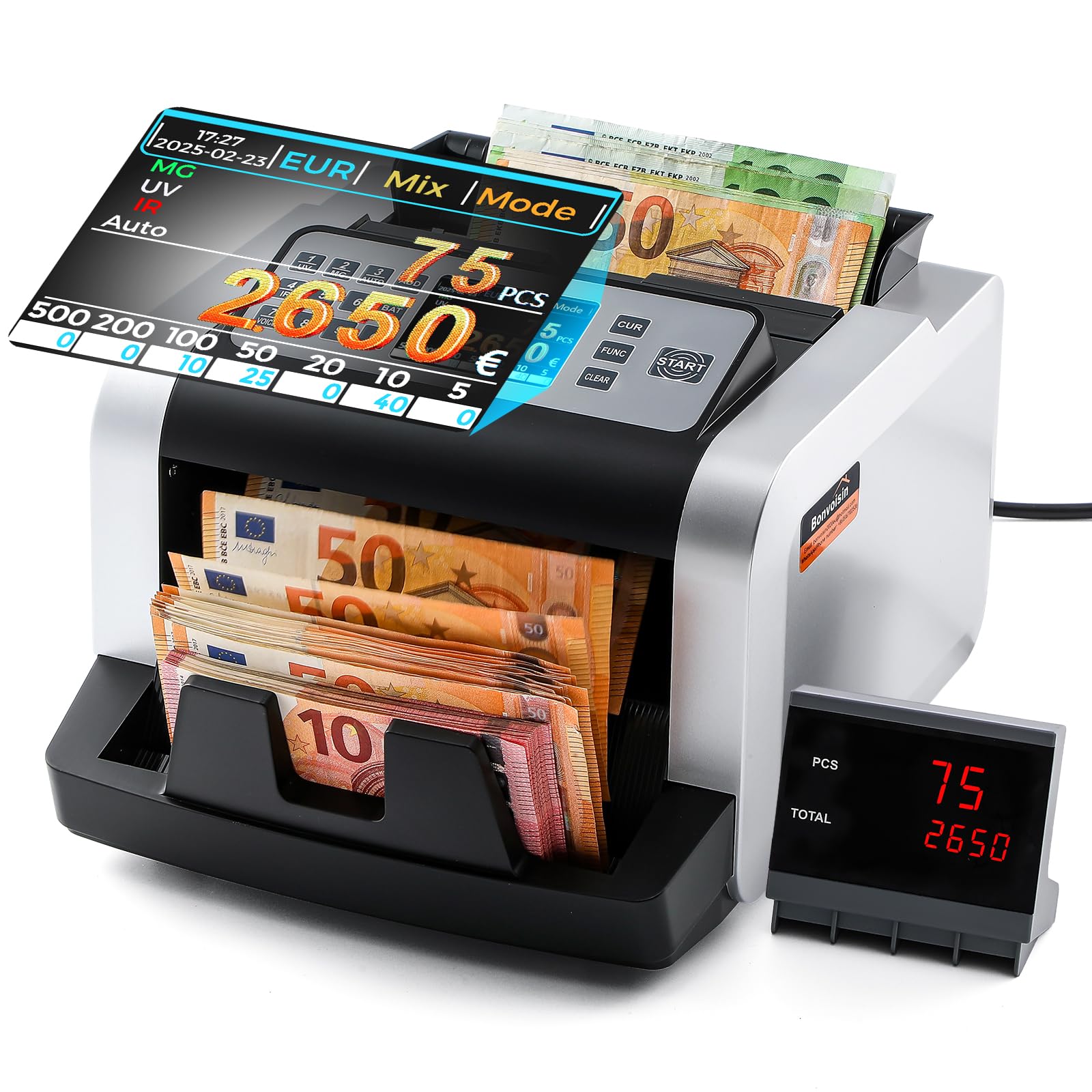 Bonvoisin Contador de Billetes, Detección Falsificaciones UV/MG/IR, 1000 Pcs/min