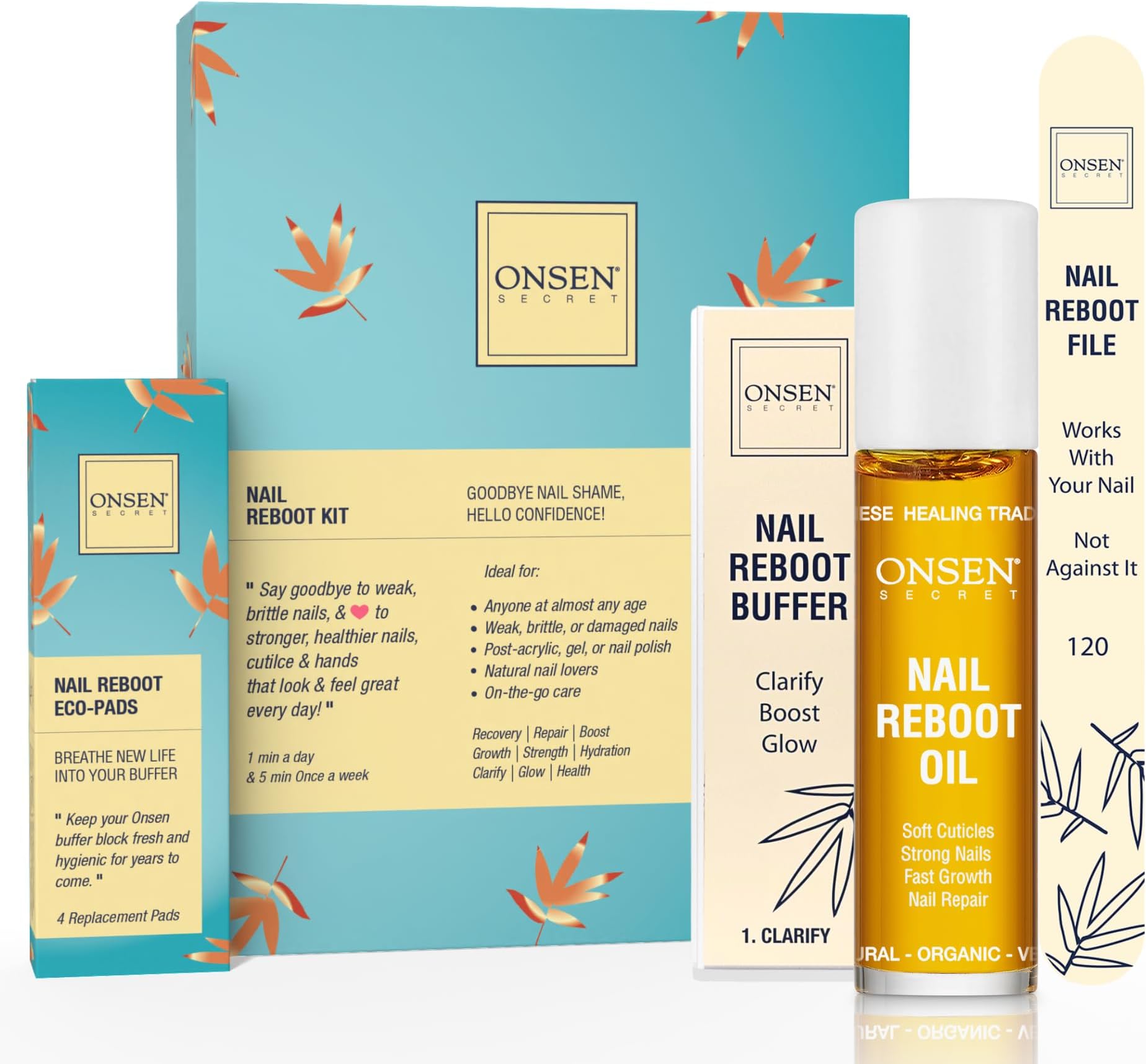 Onsen Secret Japanese Nail Buffer And Shine Kit - Professional Nail File, 3-Way Nail Buffer Block With Free Replacement Pads And Nail Strengthening Cuticle Cream For Healthy Nails, Nail Care Kit, 2Pk