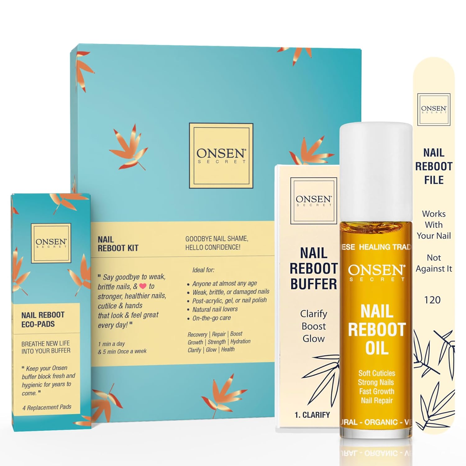 Onsen Secret Japanese Nail Reboot Cuticle Oil Kit | Buffer and Shine Kit w/ Professional File, 3-Way Buffer Block & Free Replacement Pads | Strengthening Combo for Healthy Nails, 1pk
