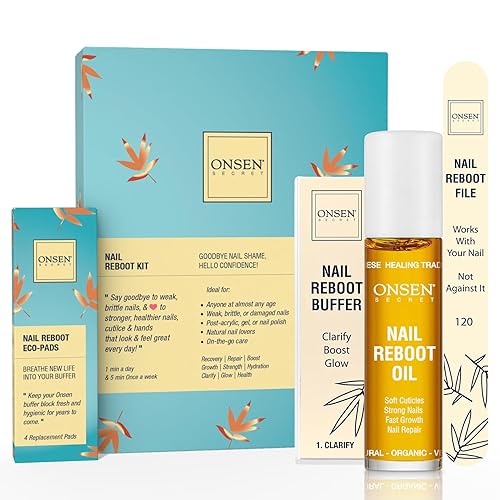 Onsen Secret Japanese Nail Reboot - Kit de aceite para cutículas  Kit de pulidor y brillo con lima profesional, bloque de amortiguación de 3 vías y