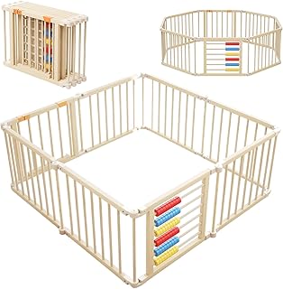 Baby Playpen,Wooden Foldable Playpen for Toddlers and Babies with Locking Gate, 8 Panels Baby Fence, Indoor Play Yard with Abacus, Kids Activity Center