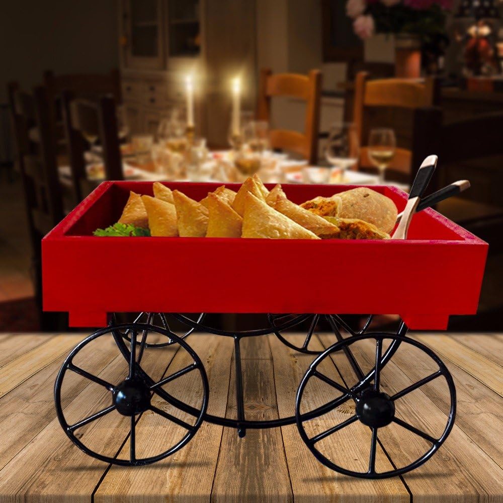 FURNISHING FACTORY Wood and Metal Trolly with Moving Wheels (15x23x18 cm, Red)