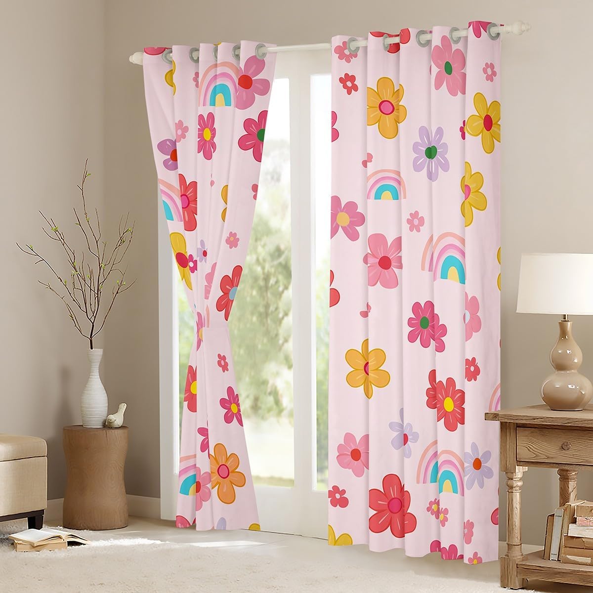 Pink Floral Window Curtain,Cartoon Daisy Theme Curtains Kids Boys Girls Teen Adult Room,Colorful Rainbow Red Yellow Flower Window Treatment Curtain Boho Style Window Drapes,Top 2 Panels,52"Wx63"L