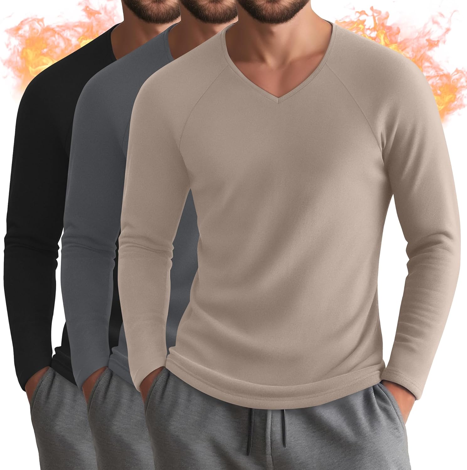 Riyiper 3 Pack Men's Thermal Shirts Long Sleeve Thick T-Shirt V Neck Fleece Undershirts Basic Comfortable Winter Layer Tops