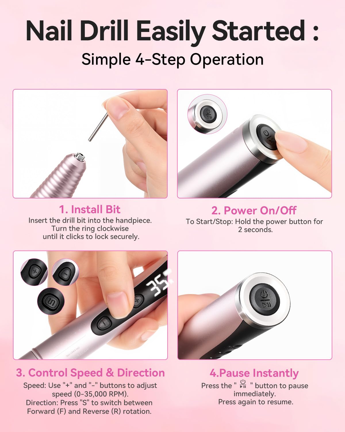 Makartt Ponceuse à ongles électrique professionnelle - 35 000 tr/min - Lime à ongles électrique pour ongles en gel et ongles en acrylique, formes d'ongles, élimination des callosités, silencieuse