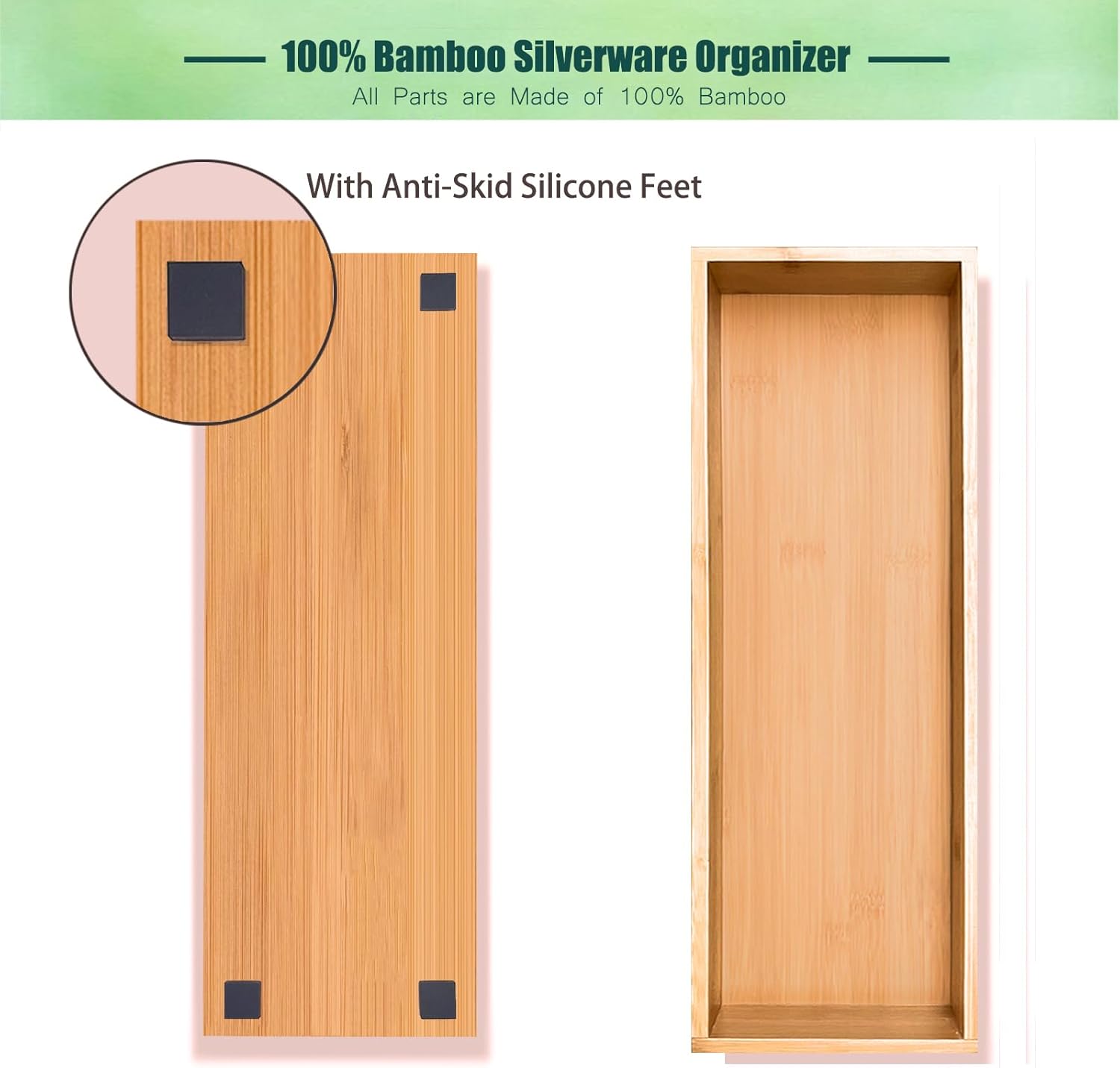 Bamboo Drawer Silverware Organizer, Flatware Organizers, Multi-purpose Bamboo Storage Box for Kitchen, Offices and Dressing table 11.5" x 3.15" x 1.8" (Set of 2) - Image 6