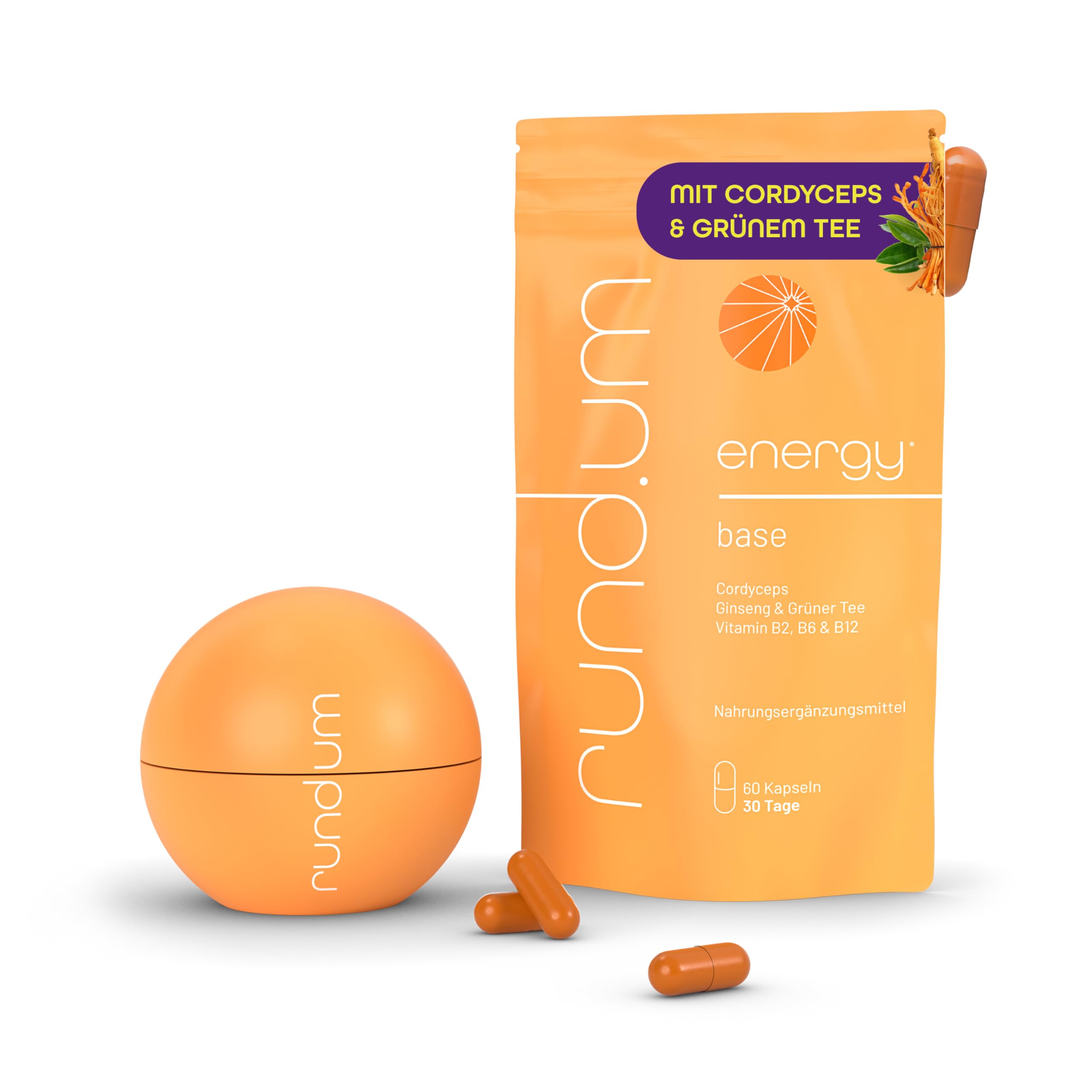 rund.um energy 2er Set - 1 x 60 energy base Kapseln & energy Kugel inkl. Dose - Mit B-Vitaminen, Ginseng & Mineralstoffen für Energie, Konzentration & mentale Leistung - Vegan & nachfüllbar