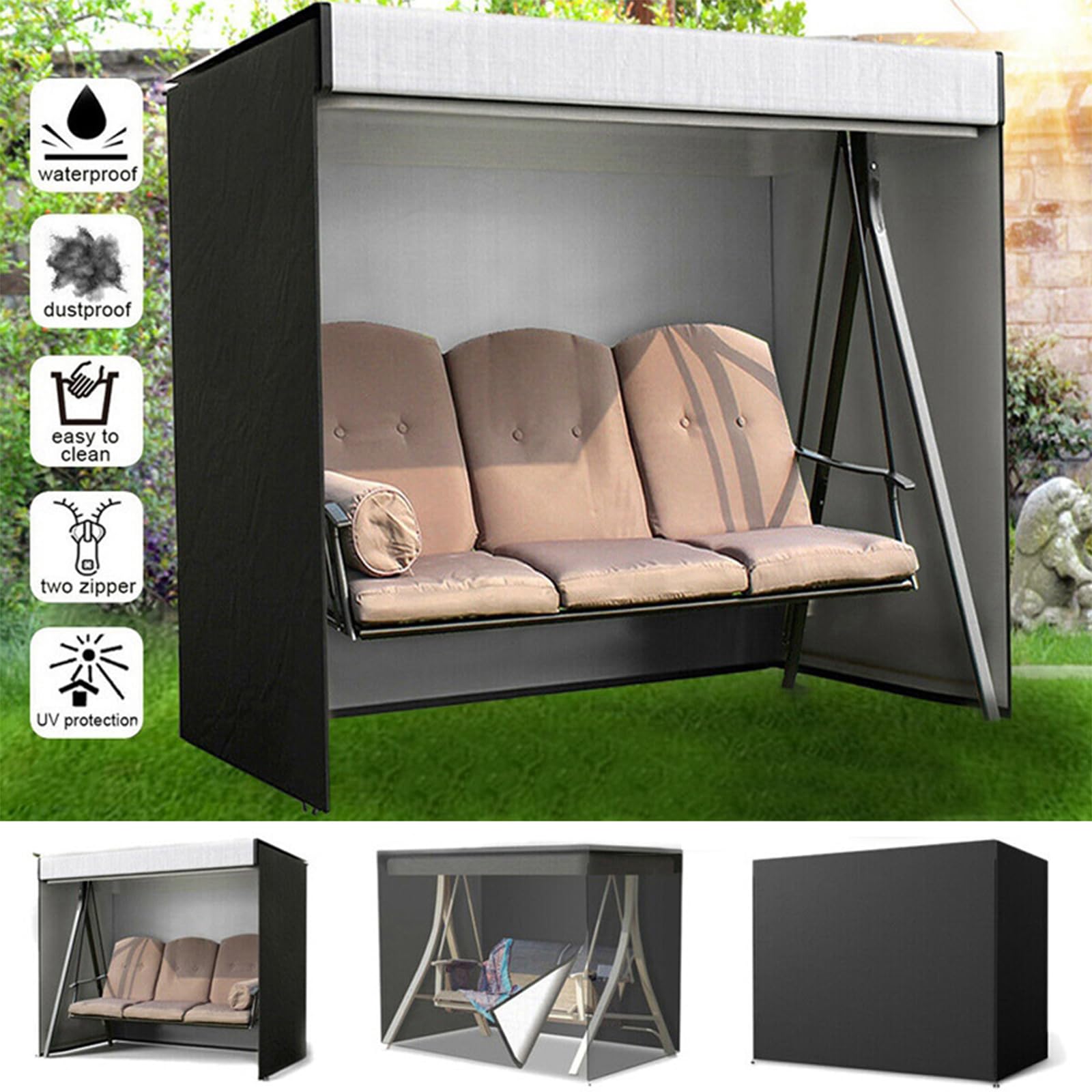 Housse de protection imperméable pour balancelle 3 places - Grande housse de balançoire de jardin en tissu Oxford 210D noir