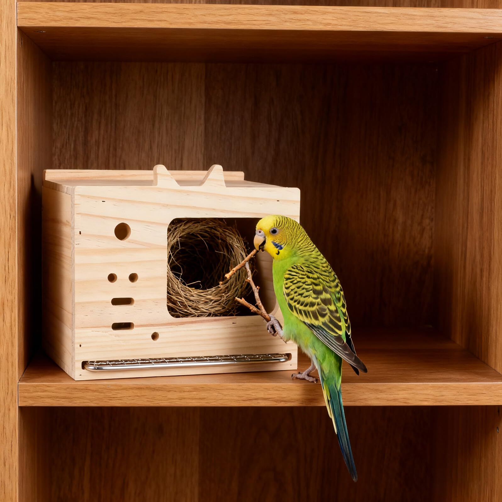 Nido per Uccelli in Legno per Parrocchetti e Inseparabili, Casetta Riproduzione Piccola con Fondo Rimovibile, Adatta per Gabbie, Pulizia Facile, Uso Stagionale per Allevamento
