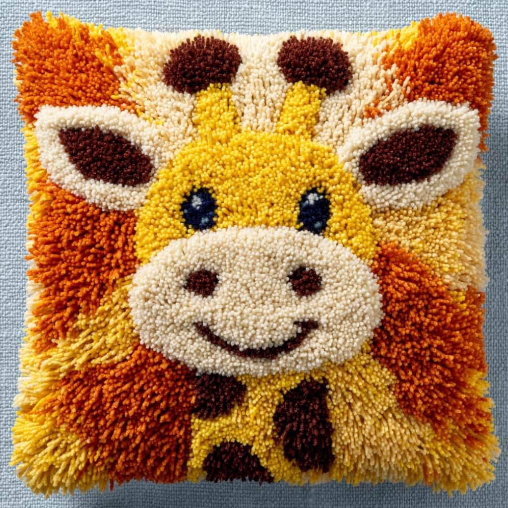 Taxpy Latch Hook Cushion Kits Giraffe Pillowcase Kits Embroidery Kit 17X17 Inch DIY Needlework Pillow Cover Sofa Cushion Rug Making