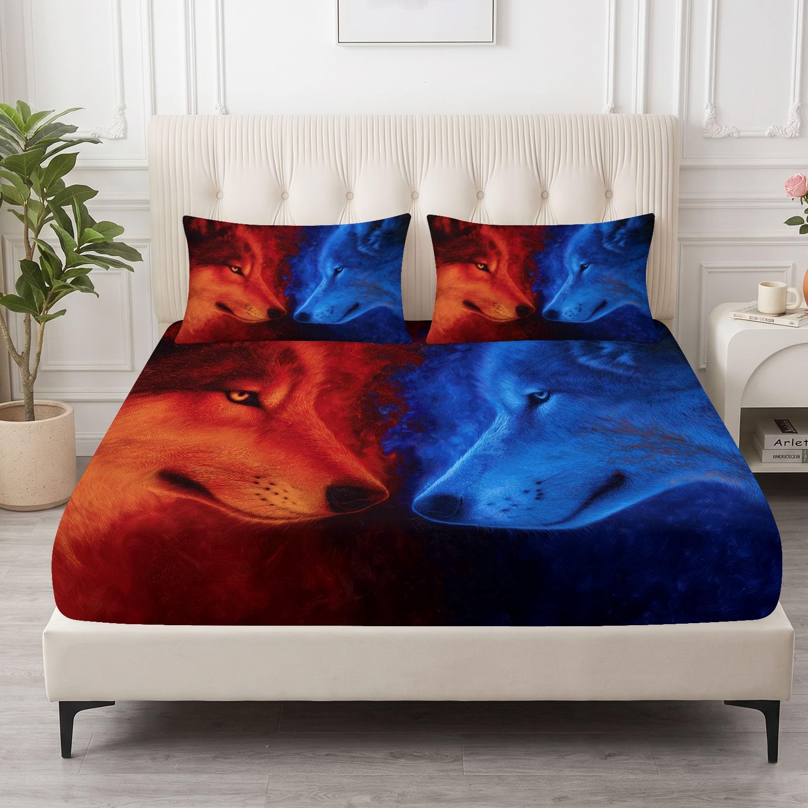 Juego de 3 sábanas bajeras ajustables de 140 x 200 cm para cuna, sábana bajera de fantasía de microfibra transpirable, sábana bajera con diseño de animales, hielo, fuego, lobos y 2 fundas de almohada
