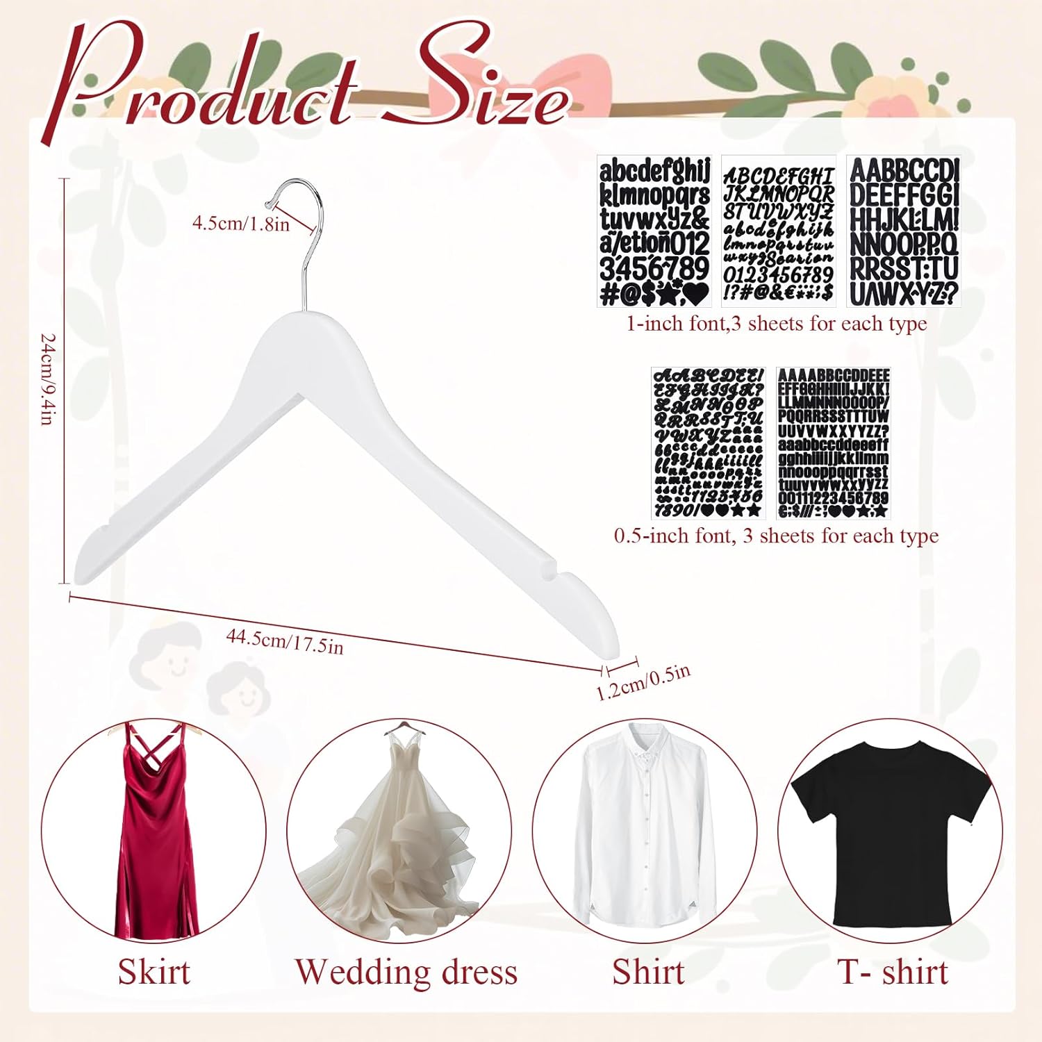 Colingmill Personalized Bride Hanger for Wedding Dress, Wooden Bridesmaid Hangers 10 Pack and 15 Pcs Letter Stickers for Tuxedo Suit Wedding Gift Bridal Party Shower DIY Special Names Dates (White)