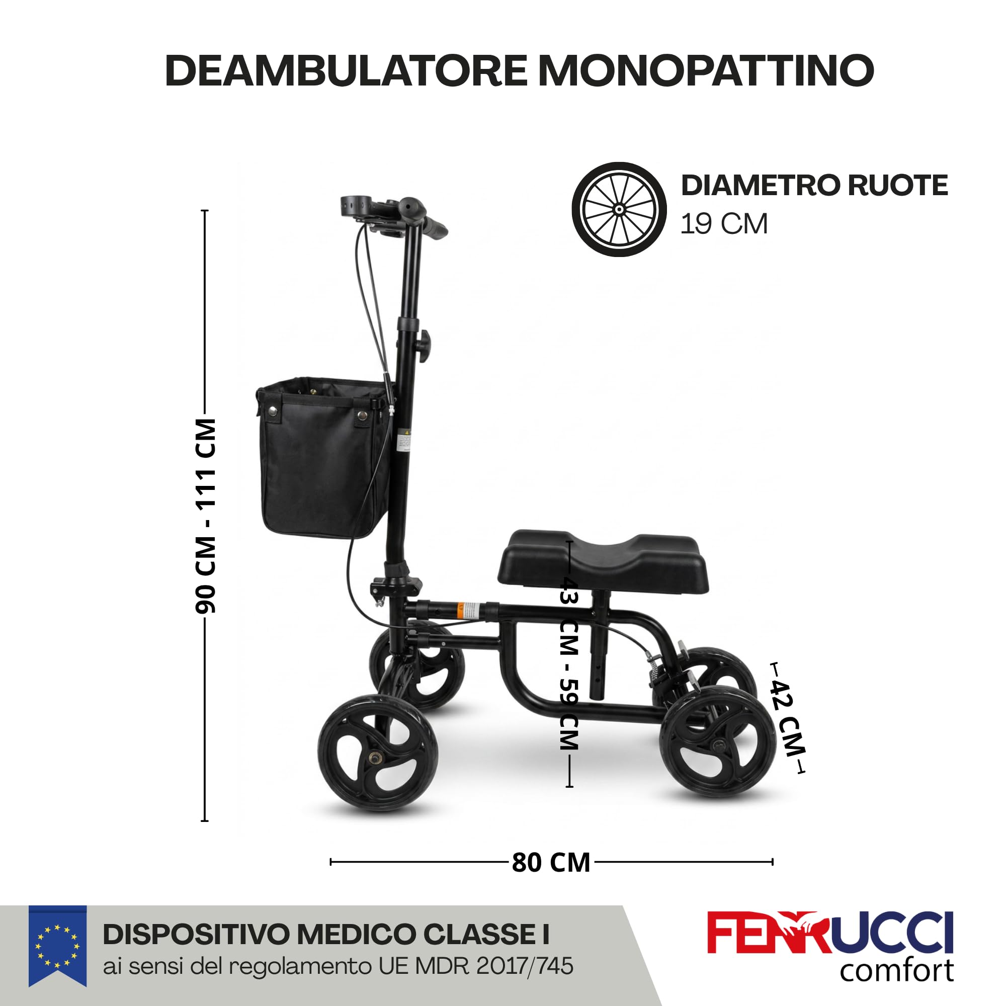 Deambulatore per Ginocchio Ortopedico e Lesioni Caviglia, Regolabile in altezza, Pieghevole, Professionale, 4 Ruote Freno Adulti