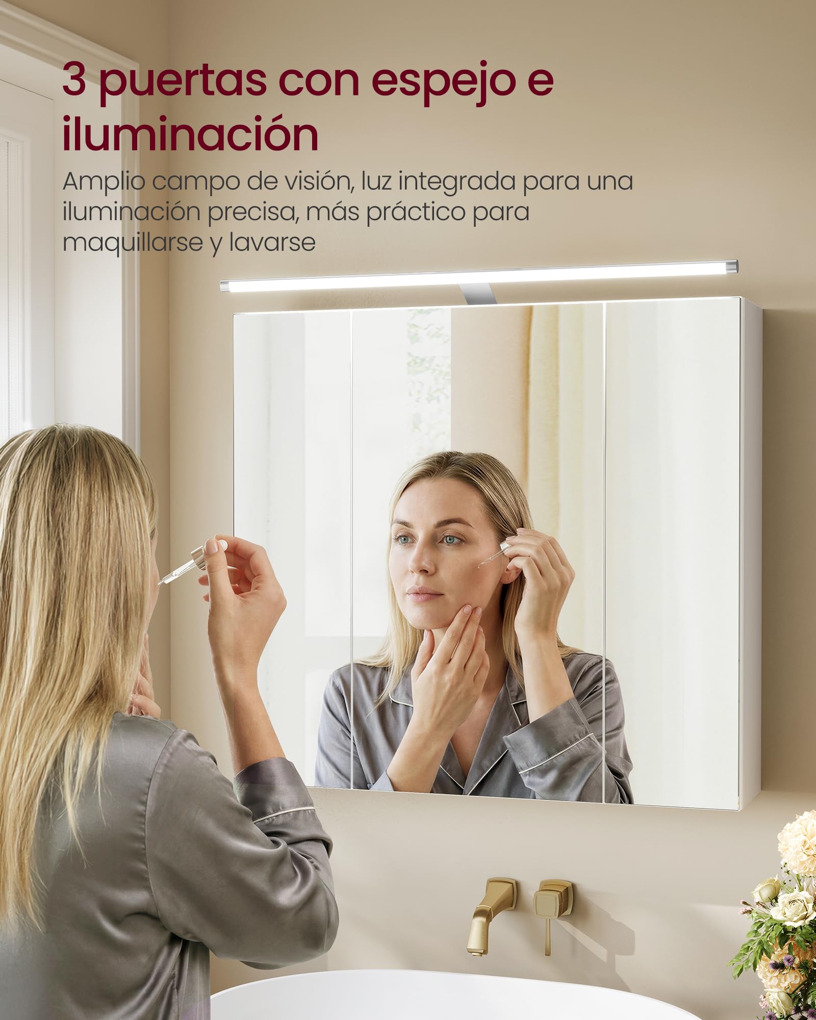 VASAGLE Kailyn Colección - Armario de Baño de Pared con 3 Puertas con Espejo e Iluminación, Estantes Ajustables, Estilo Moderno, 15 x 60 x 55 cm, Blanco Nube BBK138WB01