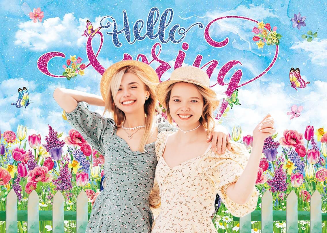 Hello Spring Backdrop Colorful Flower Butterfly Tulip Photography Background Spring Garden Easter Holiday Party Decorations Banner Photo Supplies (94x70inch(8x6FT))