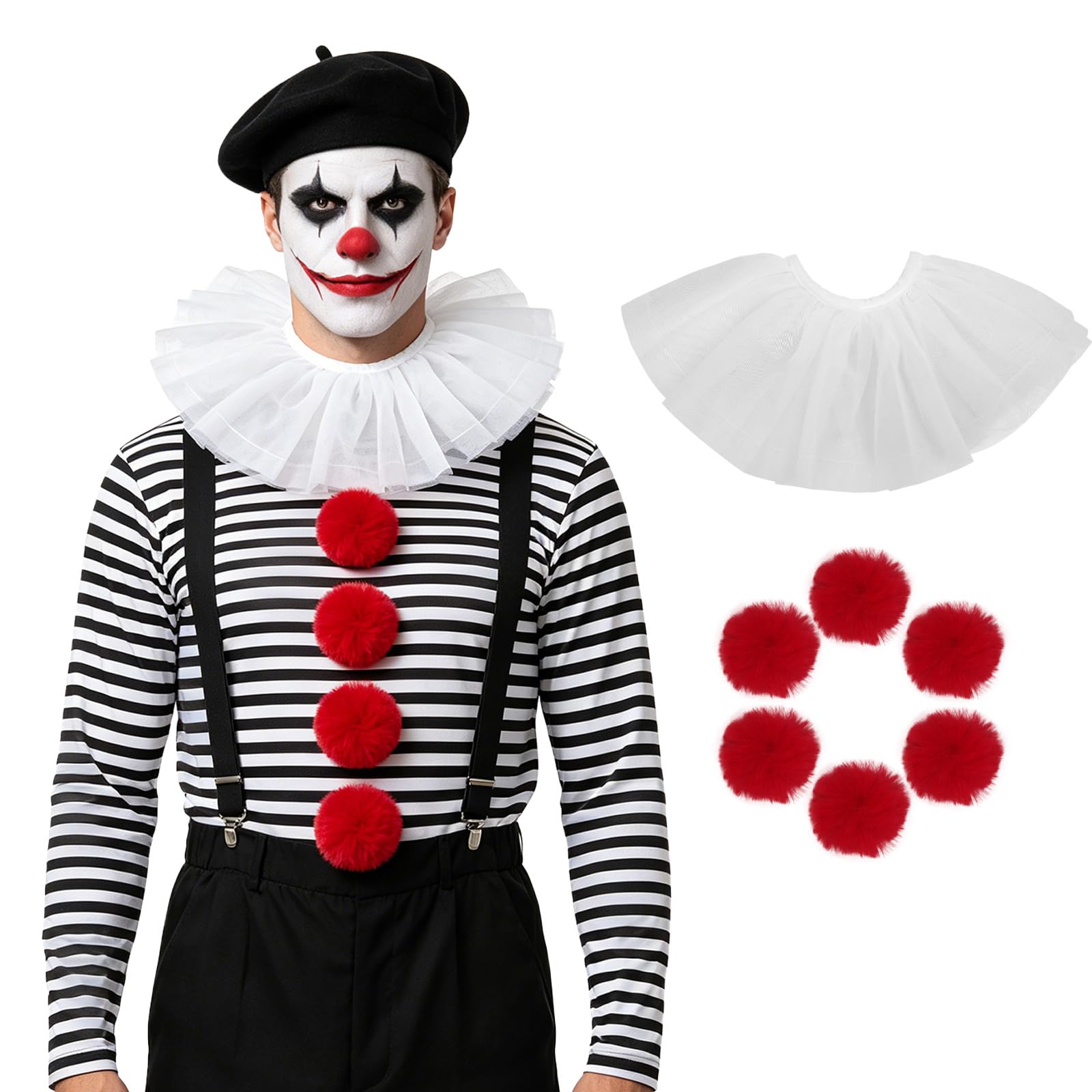 FakeFace Tulle Clown Ruffled Collar RetroRenaissance Neck Ruff Mesh Layered Clown Neck Collar Costume Circus Halloween Stage Play Props (White with Red Pompoms, one size)