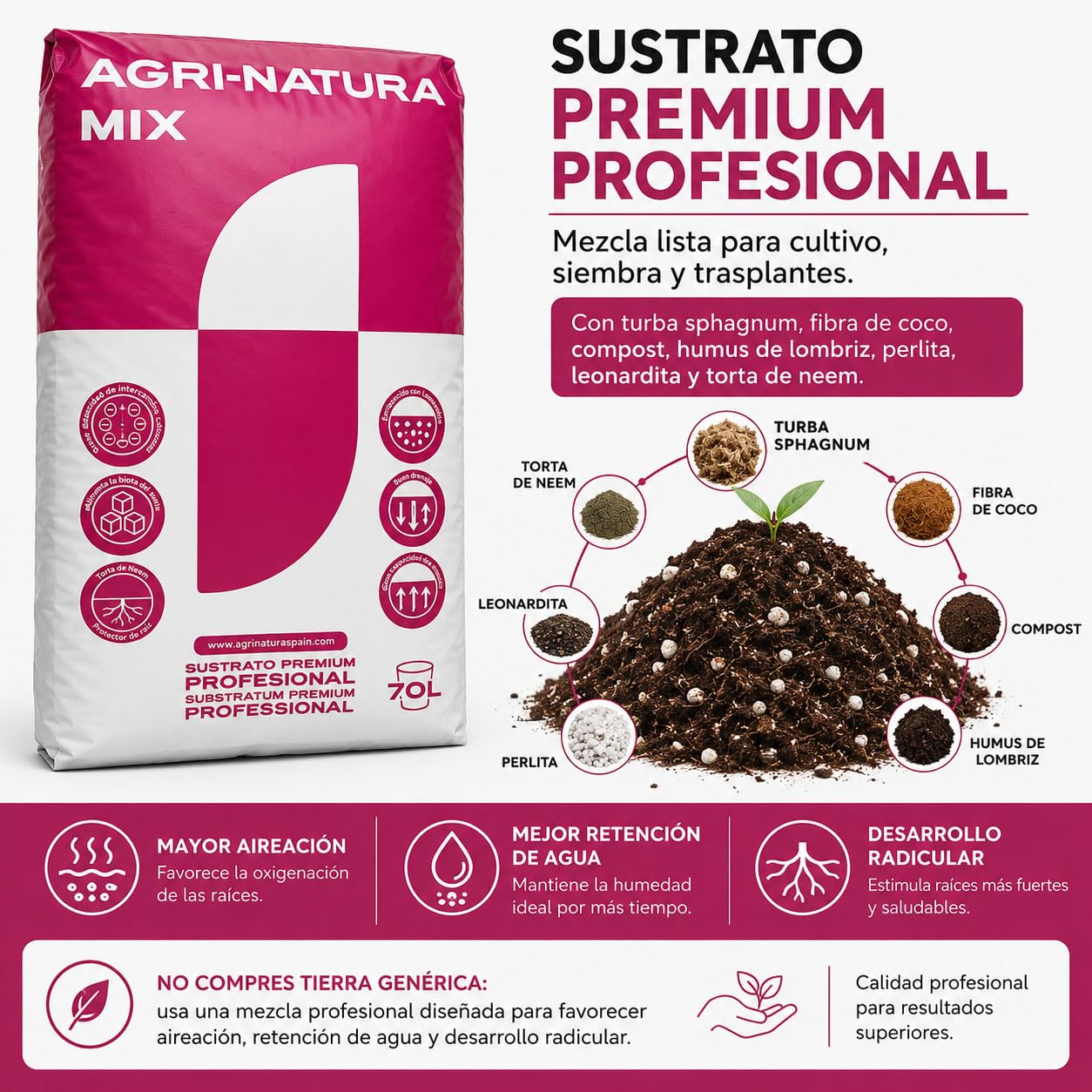 Sustrato Universal Profesional 70L para Plantas y Huerto HM11. Tierra Premium con Turba, Fibra de Coco, Humus de Lombriz, Perlita y Neem, Ideal en Semilleros, Trasplantes y Cultivo Interior/Exterior.