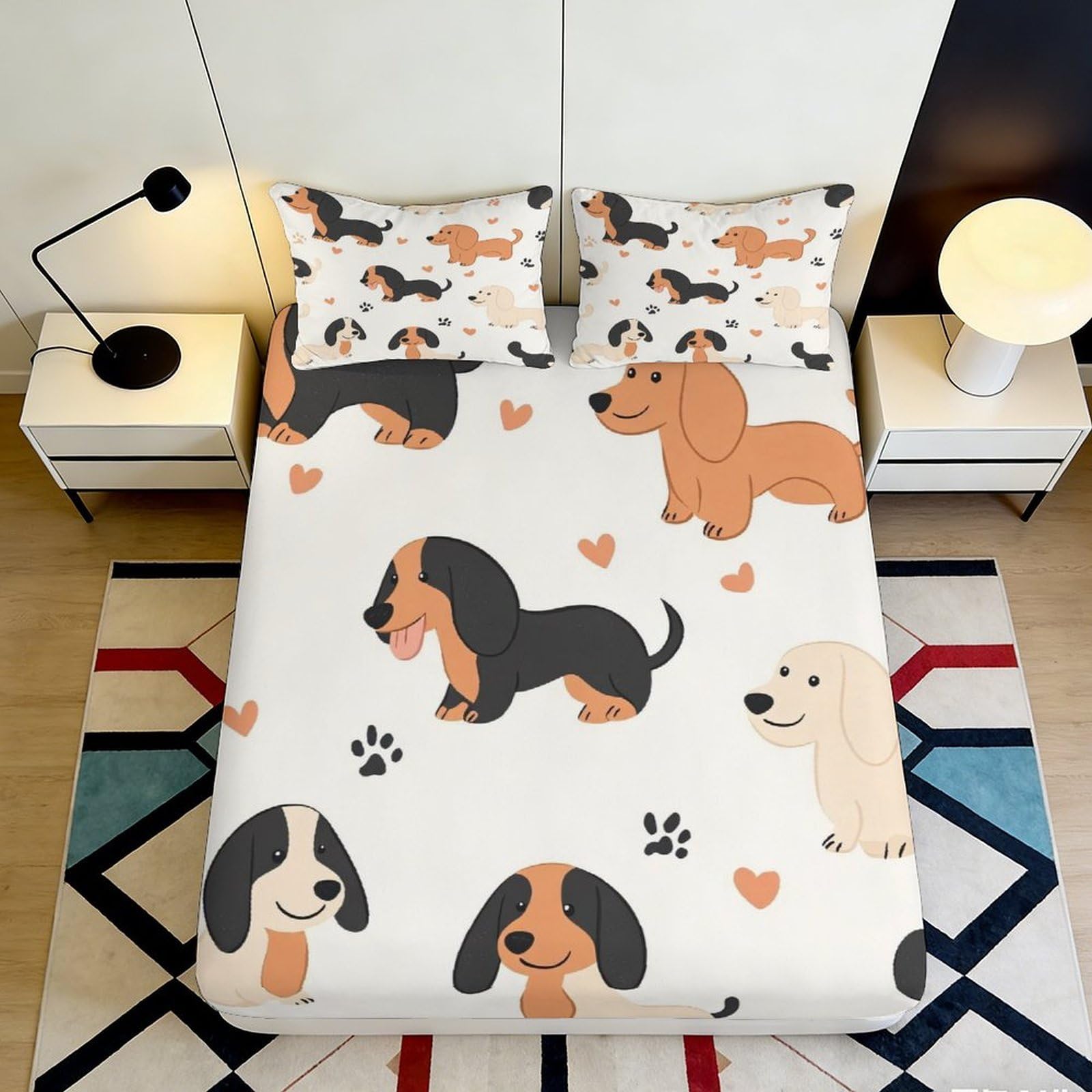 3D Printed Cartoon Dachshund Fitted Sheet Microfiber Cute Dog Pattern Bed Cover for Bedroom Guestroom Decor Washable 90x200x25cm