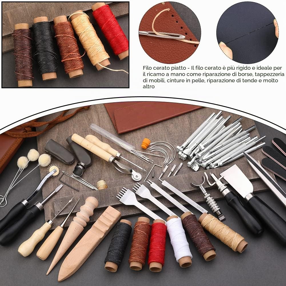 TLKKUE Kit di strumenti per la lavorazione della pelle con borsa di immagazzinaggio personalizzata, per intaglio in pelle, taglio, punzonatura, cucito, stampaggio