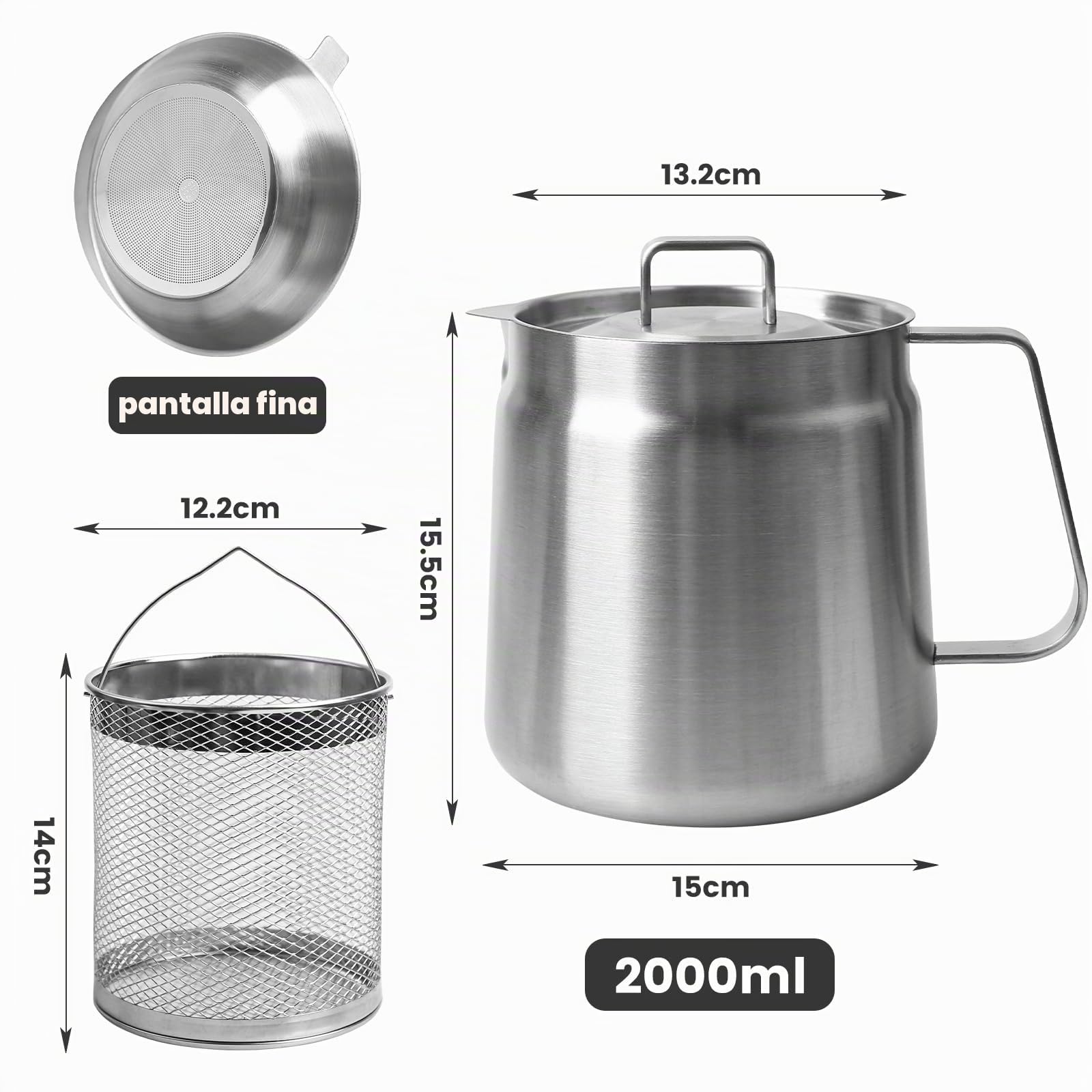 Olla de filtro de aceite de acero inoxidable 304, depósito de grasa de tocino con colador, olla de filtro de aceite de gran capacidad, depósito de filtro de aceite multifuncional, mini