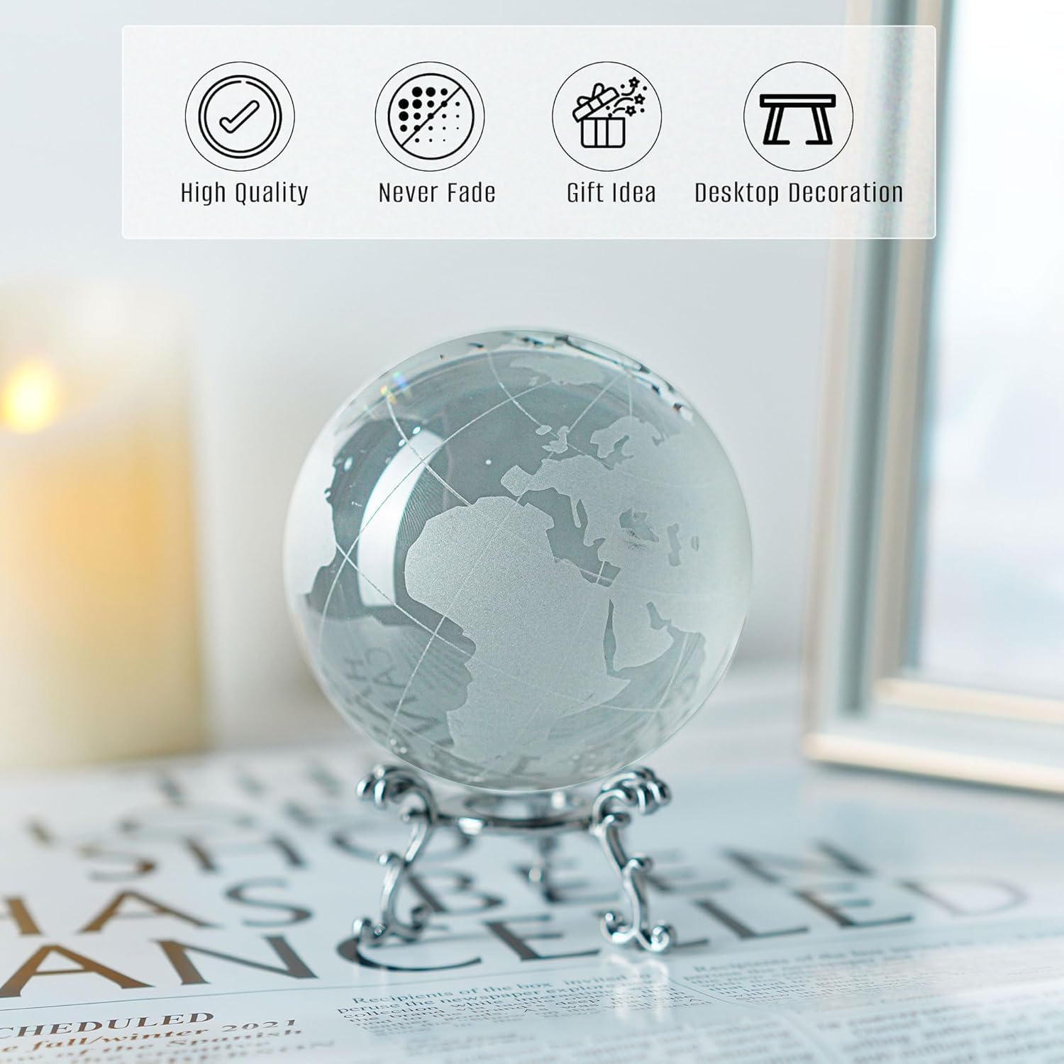 80mm Crystal Earth Globe Ball with Stand World Map Glass Sphere Desk Office Home Decor Glass World Globe Paperweight - Image 3