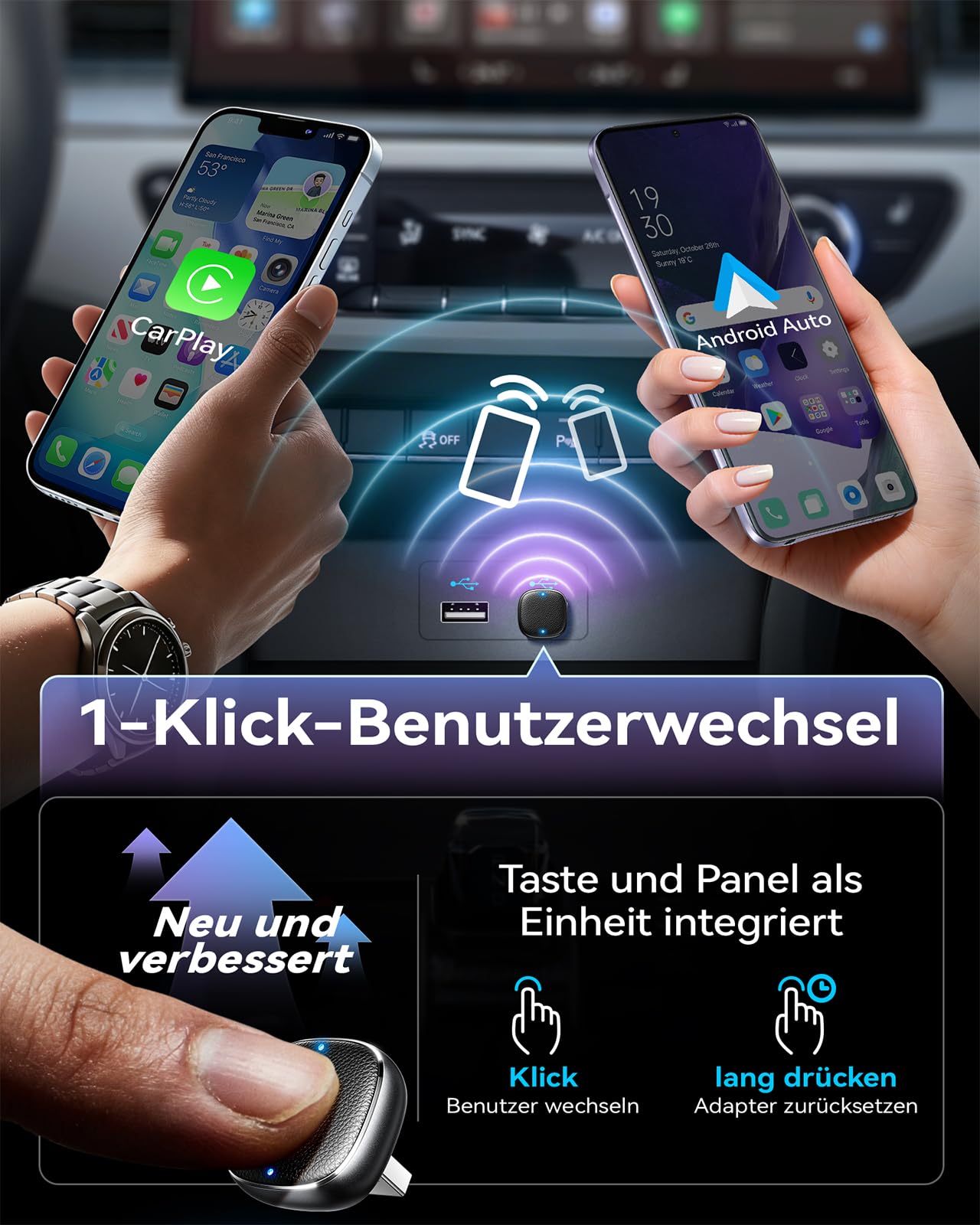 Wireless Carplay & Android Auto Adapter 2-in-1, 1-klick-Benutzerwechsel, Mavlou 2026 Ultra-Mini Dongle, Convert Wired CarPlay/Android Auto zu Wireless, für iOS 10+/Android 11+ & Autos ab 2016
