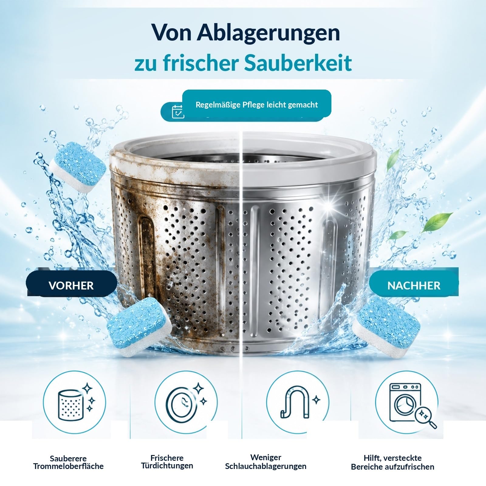 Zunial Waschmaschinenreiniger Pro, Zunial Maschinenreiniger, Maschinenreiniger Tabs Für Waschmaschine, Waschmaschinen-Reiniger Gegen Gerüche, Tierhaare Und Rückstände (48 Stück)