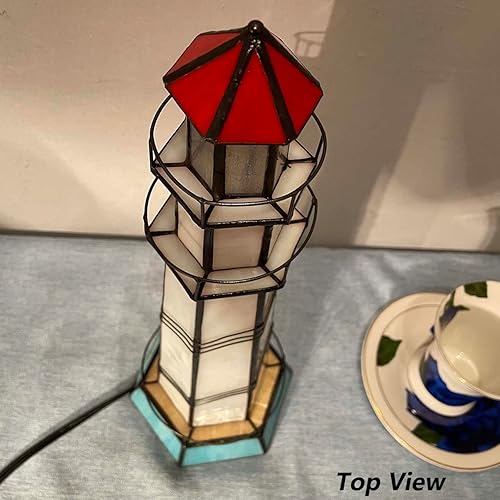 Miniatura 5 de Bieye L10871 Lighthouse Tiffany Style - Lámpara de mesa decorativa con vitrales, luz nocturna para decoración del hogar (5.5x5.5x15, azul)