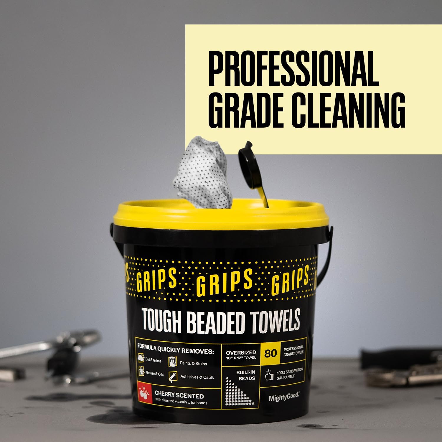 MightyGood. Grips Tough Beaded Hand & Surface Wet Towels - 6 Pack of 80 Extra-Large 10"x12" Wipes, 480 Total - 3D Beaded - Heavy Duty Canister - Citrus Scent