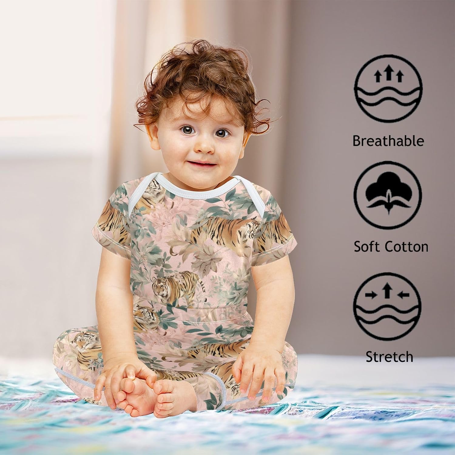 vvfelixl Baby Clothes Tiger Floral Leaves Baby Bodysuits Set Unisex Short Sleeve Babys Pants Sets 0-3M