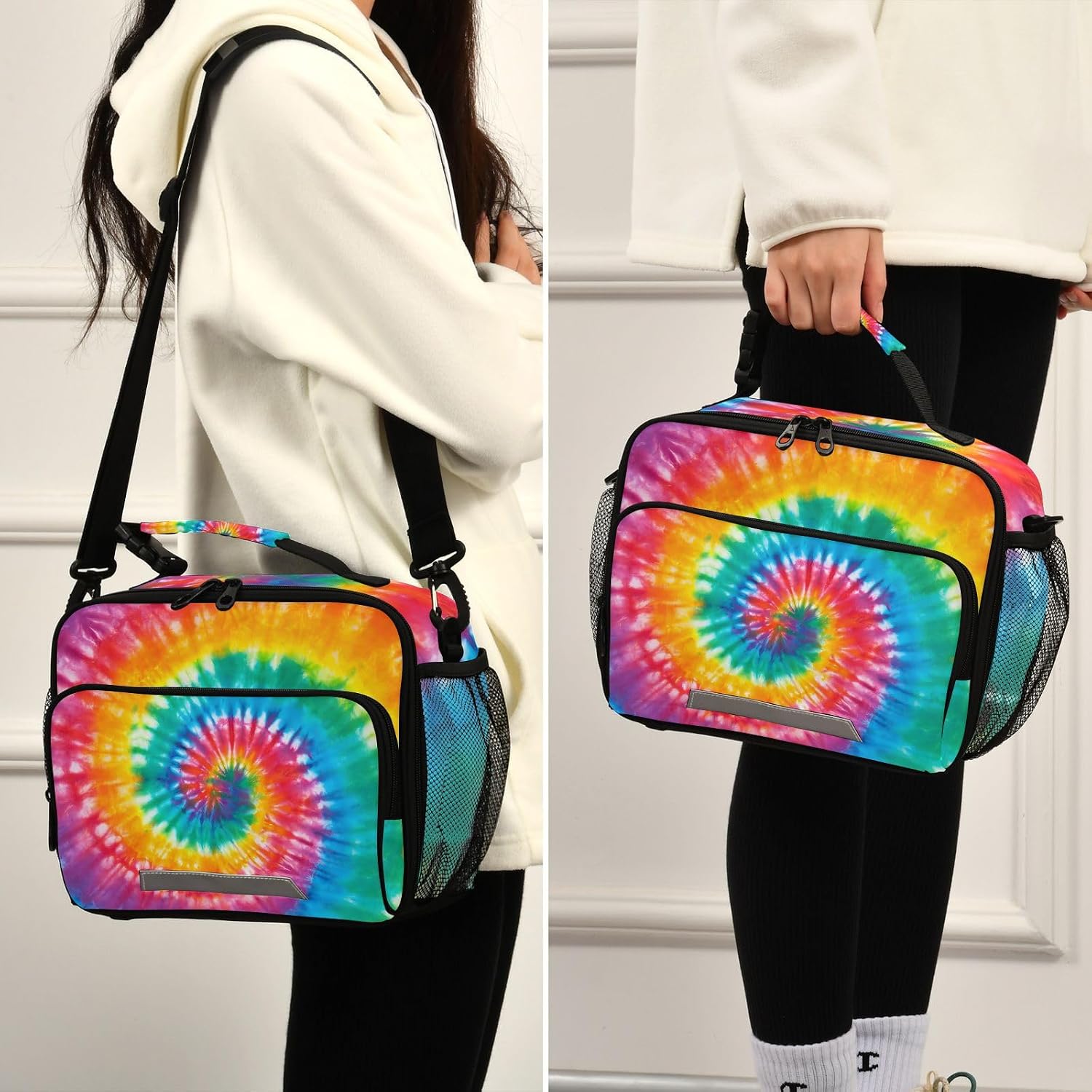 Tie Dye Rainbow Lunch Box Girls Boys Insulated Lunch Bag Kids Women Reusable Cooler Tote Shoulder Strap for School Picnic Travel Office
