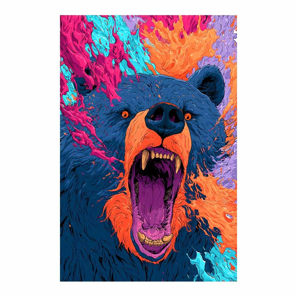 PUQAAEO Wall Art Painting Grizzly Bear Prints On Canvas Neon Art Roaring Bear Animal Pictures Wall Art for Home Cabin Decoration Rustic Farmhouse Decor(Multicolor)-60x90cm Unframed