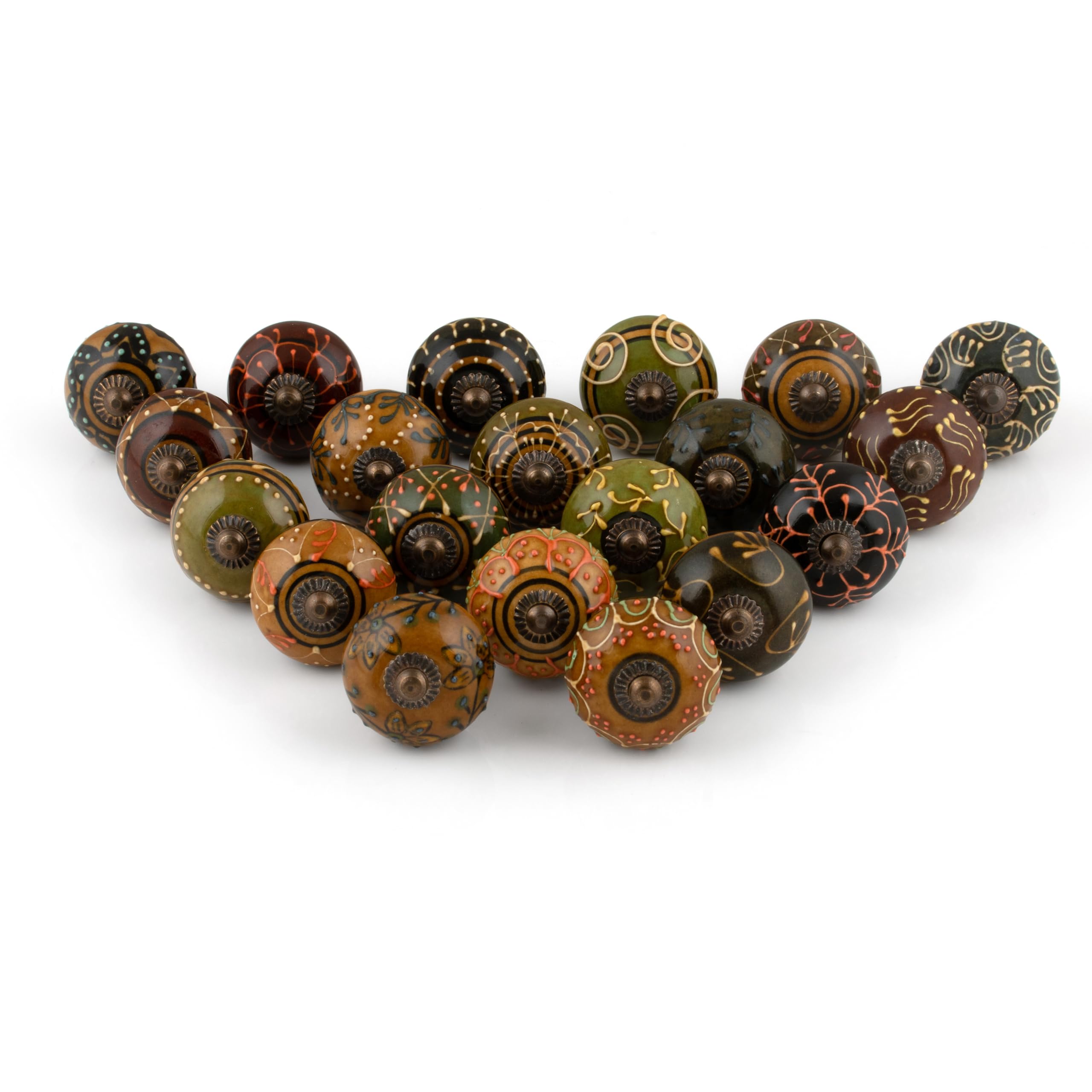 Decorative Drawer Knobs - Brass Steel Blue Pottery Ceramic Cabinet Dresser Door Handle Floral Handmade Home Decor Hardware - Pack of 20 Knobs