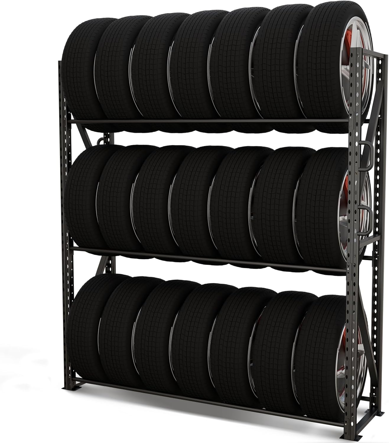 Industrial 3-Tier Storage Rack, Single Entry Steel Rack for Passenger & Light Truck Tires, 1100lb Capacity, Adjustable Height, 60" W x 18" D x 84" H, for Garage Warehouse Auto Shop