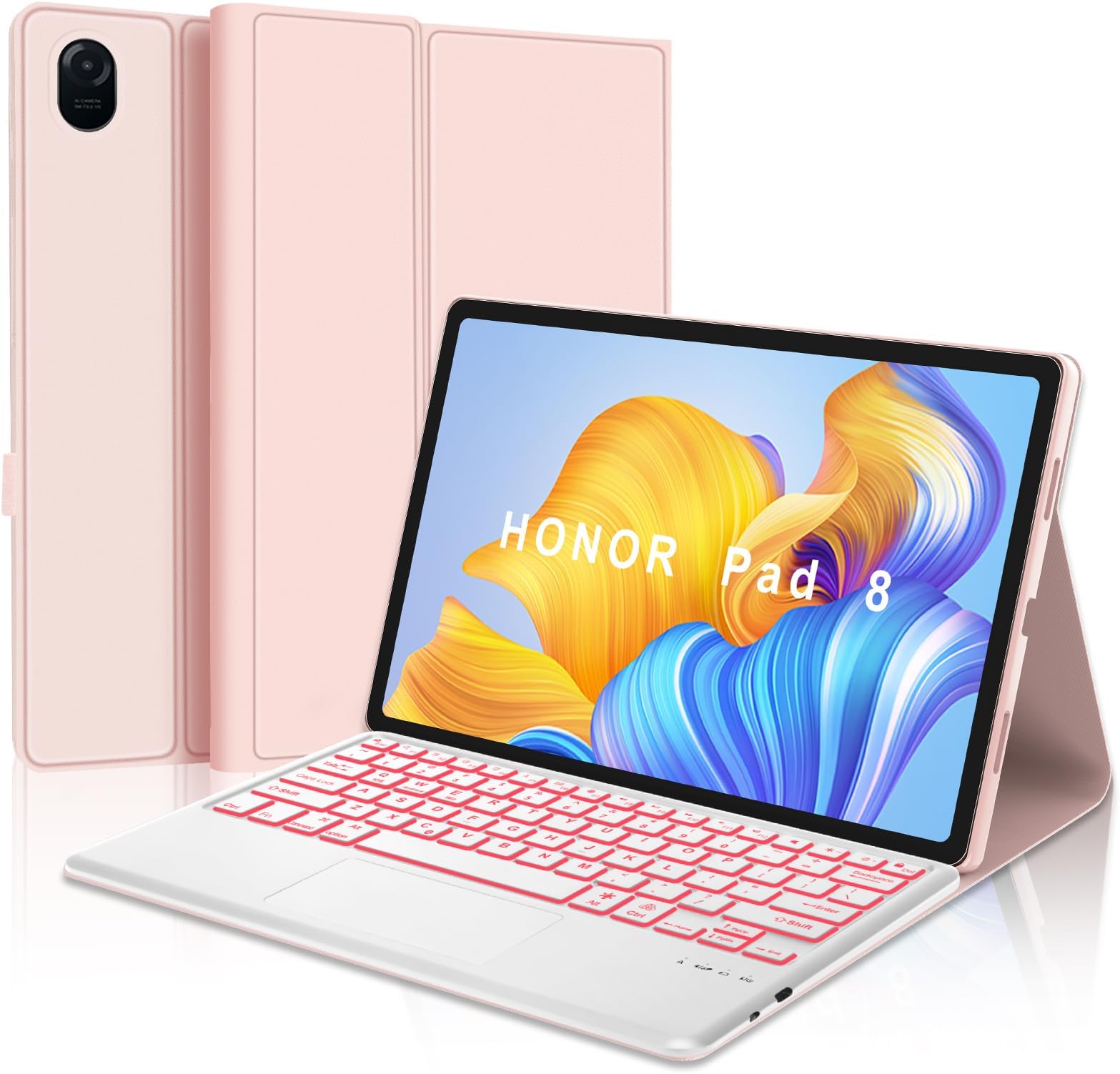 Keyboard Case for Honor Pad 8, Magnetic Detachable Bluetooth Backlit Keyboard with Touchpad(QWERTY Layout), Premium PU Leather Cover with Pencil holder for Honor Pad 8 12-inch Tablet, Candy Pink