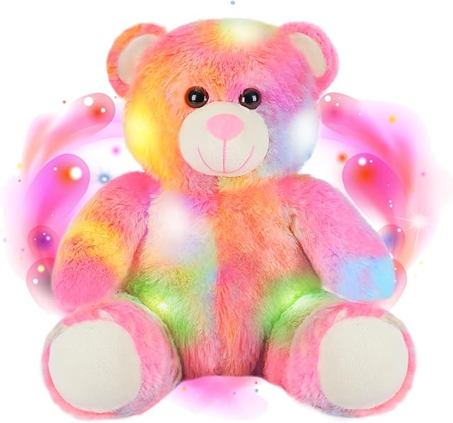 Teddy Bear Plushies,LED Colorful Glow Stuffed Animals,Cute Kawaii Plush Toys Gifts for Kids Boys Girls and Her Valentines Birthday Christmas Day Gifts-Rainbow