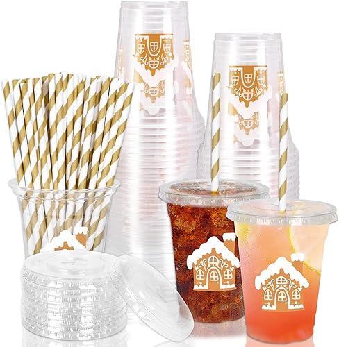 Vista 58 de Whaline 50 piezas de vasos de plástico desechables con cara feliz y pajitas con tapa de un tipo feliz 12 onzas, vasos de fiesta con cara feliz