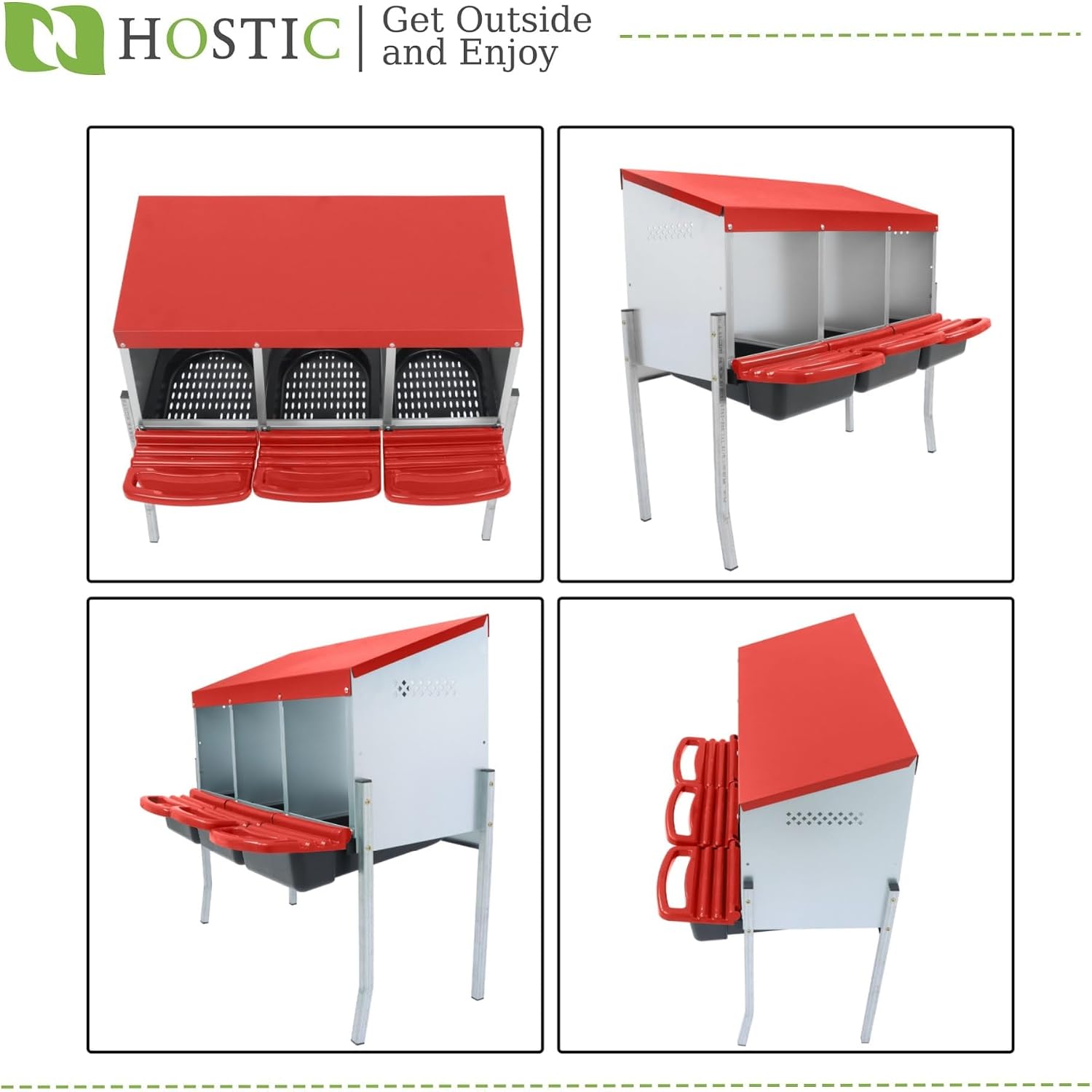 HOSTIC Red Chicken Nesting Box for Laying Egg with 3 Compartment and Metal Legs Chicken Egg Laying Box with Lid Cover